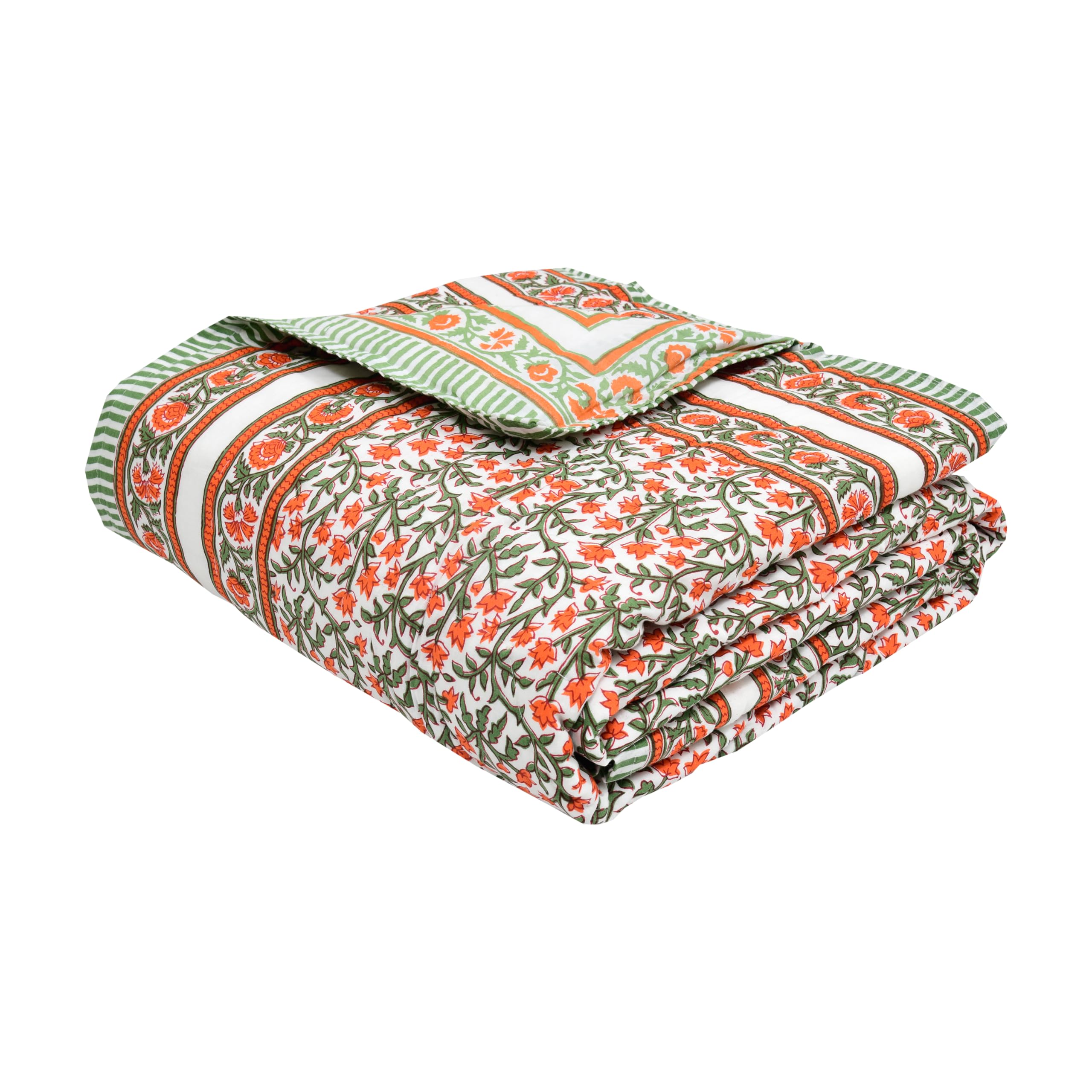BLOCKS OF INDIA Cotton Single Size Quilt Hand Block Print for Light Winters (60x90 Inches) (Green RED JAAL)-image-34