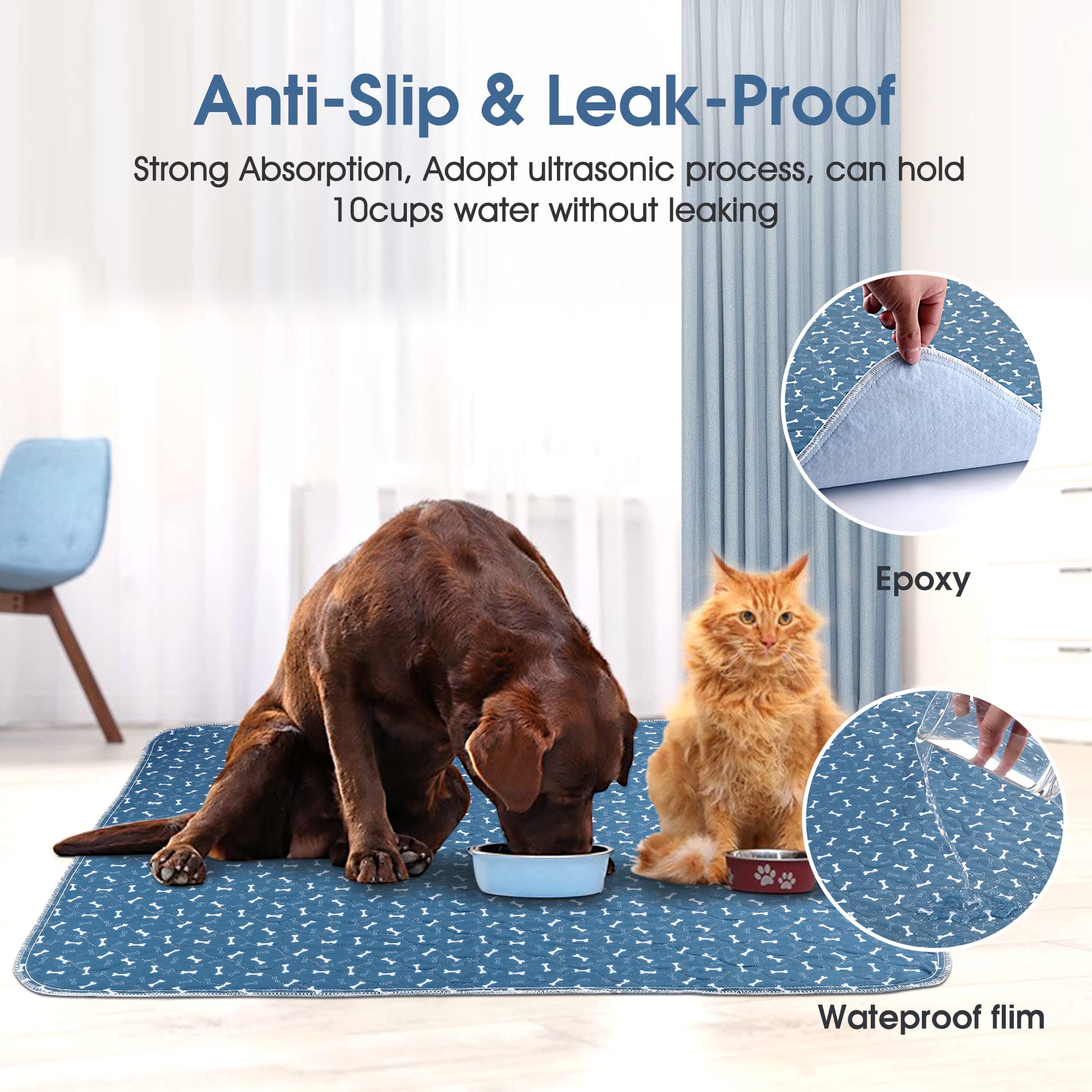 2 Pezzi 90 * 80CM Tappetini Assorbenti per Cani,Tappetini per l'addestramento dei Cuccioli Lavabili e Riutilizzabili, Impermeabil Tappetini ，Design a 4 Strati Morbido/Super Assorbente-blu