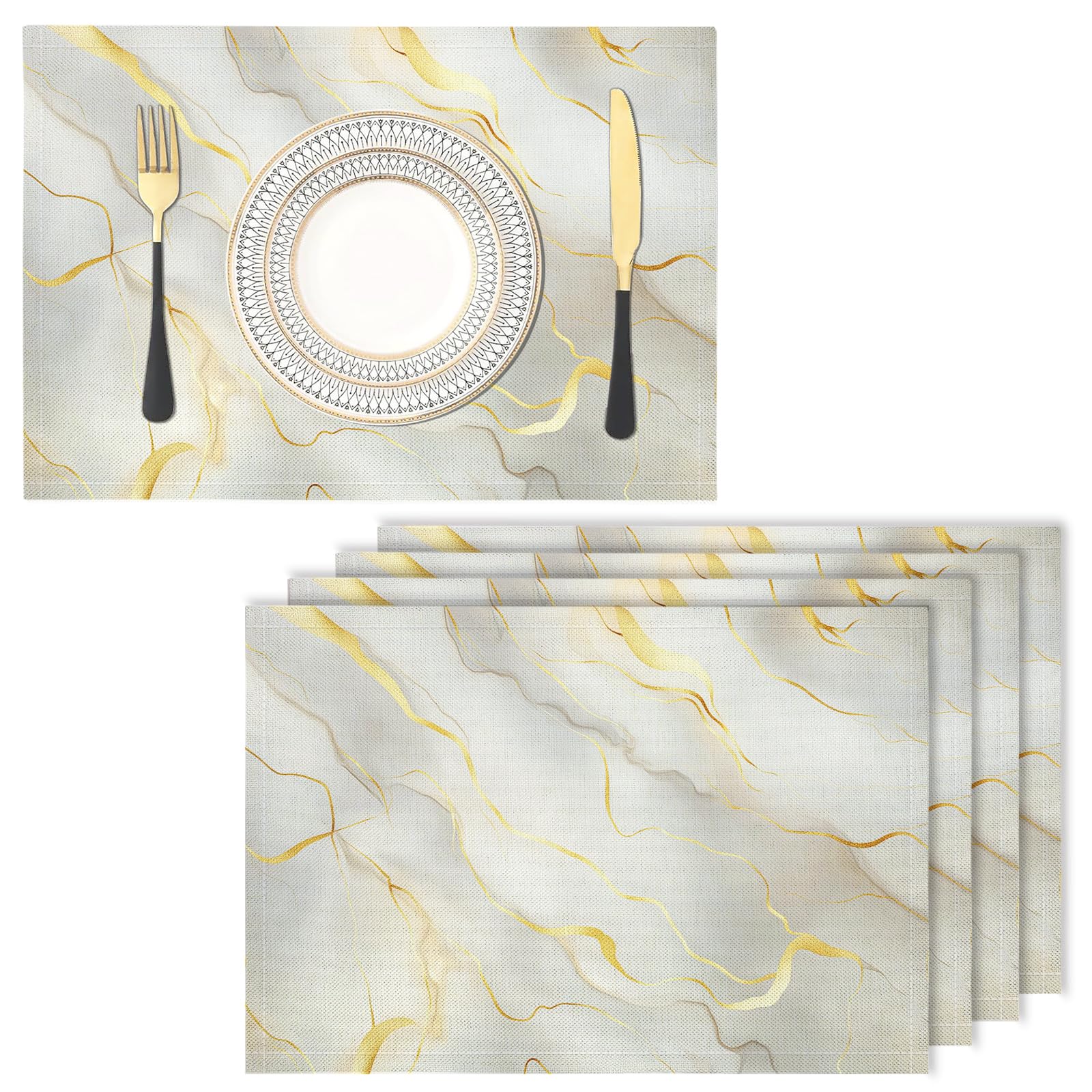 Cotton Linen Placemats - abstract - Pack of 8 Golden Marble Heat Resistant Washable Dinner Mats Kitchen Dining Place Dinner Table Setting