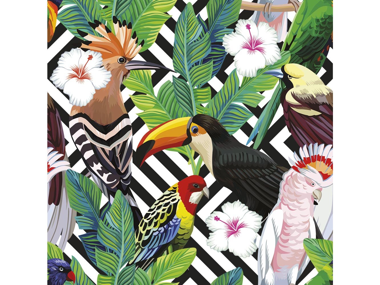 Oedim Papel Pintado Pared Estampado de Aves y Flores Tropicales con Fondo Geométrico Vintage | Fotomural para Paredes | Mural | Papel Pintado | 200 x 150 cm |
