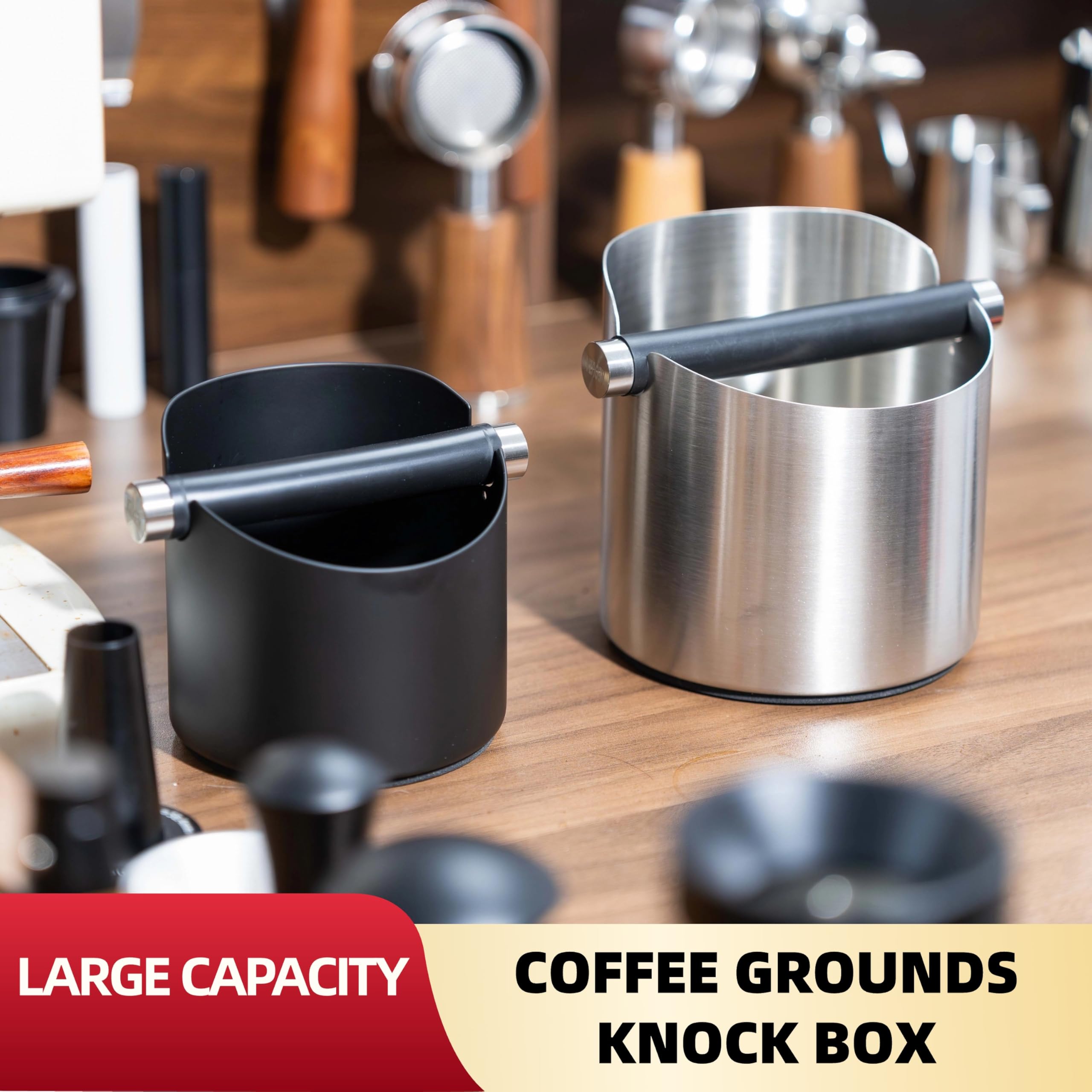 NEOUZA Knock Box - Pattumiera per macchina da caffè espresso, accessorio da barista, assorbe gli urti, con barra in metallo rimovibile (nero, M)