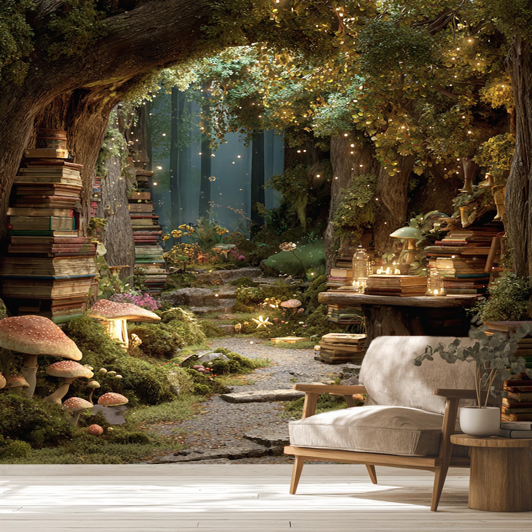 Bibliothek Tapete Mit Bücherregal Fantasy Wald Bücher Muster Fototapete Vliestapete Innen Wohnzimmer Küche Schlafzimmer, Bibliothek Wand Decor Poster Tapeten, 200x140 cm