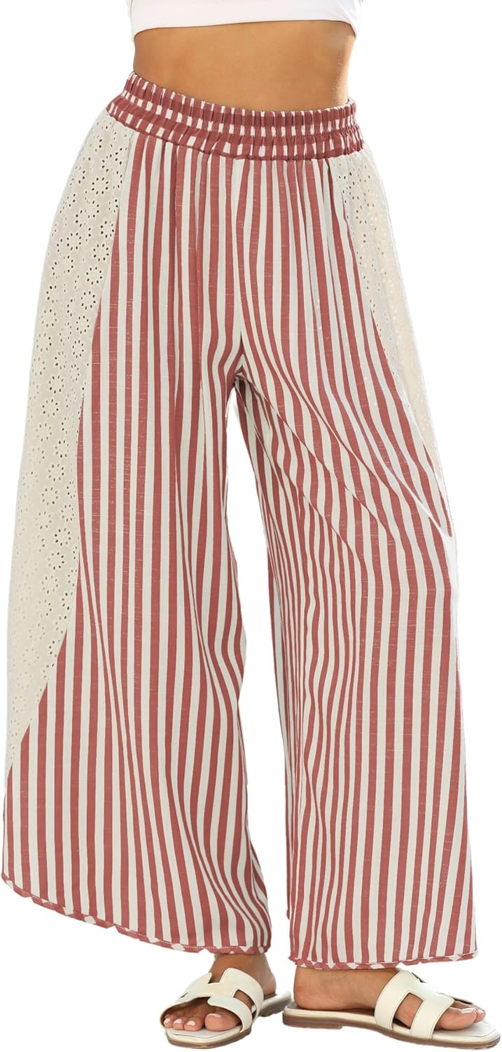 Athlisan Womens Summer Casual Loose Striped Wide Leg Lounge Pants Elastic Waist Palazzo Trousers