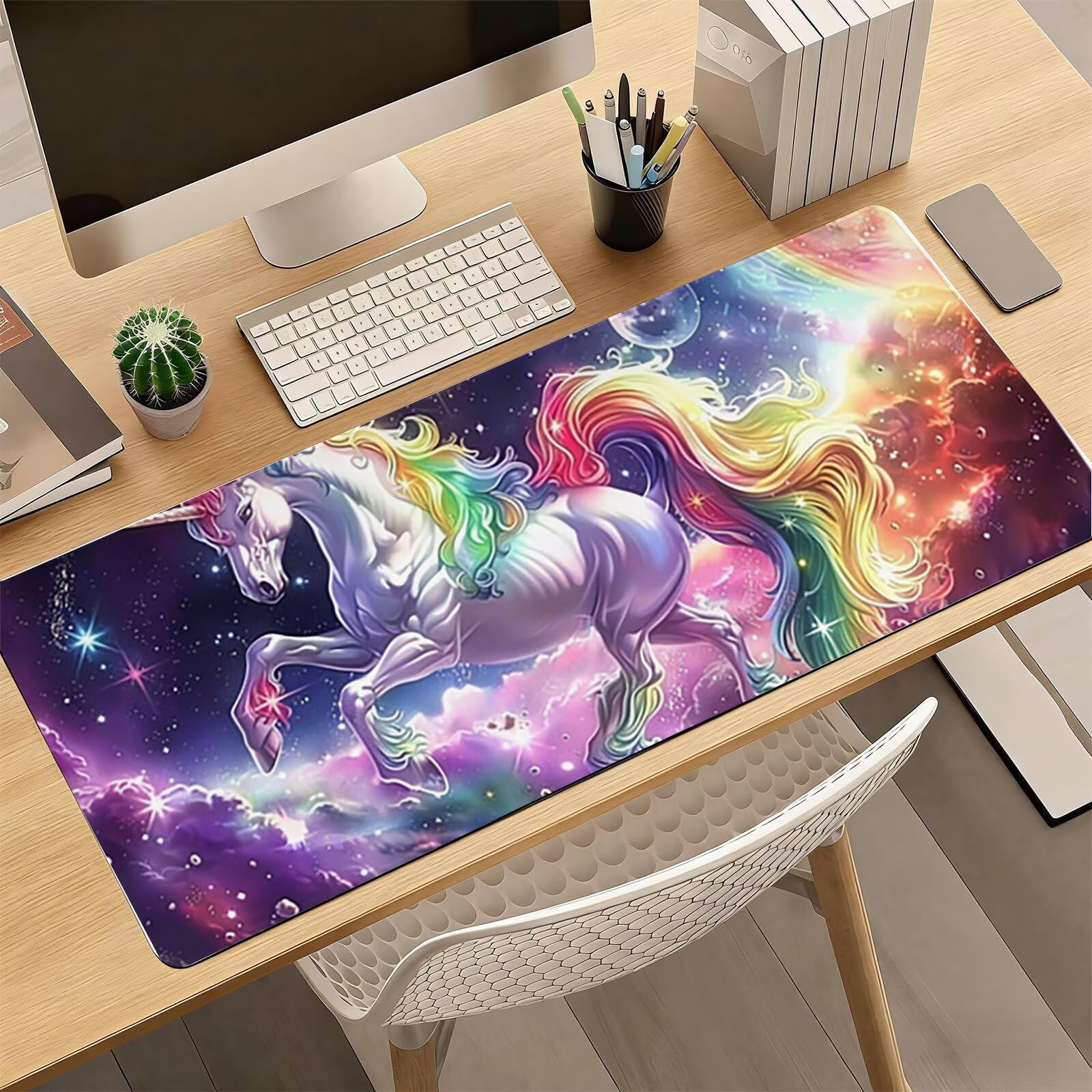 Tappetino Mouse XXL, 70x140cmx3mm Mouse Pad Impermeabile Grand, Gaming Tappetino Per Mouse, Base Antiscivolo in Gomma, Accessori Scrivania, Ufficio Accessori, Cavallo Bianco Stellare JX6B-719