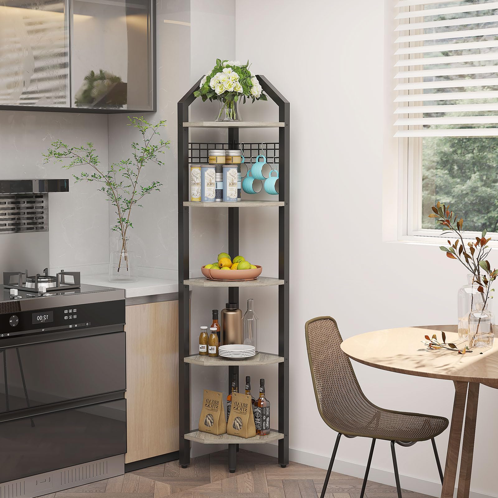 VASAGLE Hoekplank met 5 verdiepingen, multifunctionele boekenplank, plantenstandaard voor woonkamer, badkamer, keuken, slaapkamer, kantoor, eenvoudig te monteren, industrieel, rustiek bruin en zwart