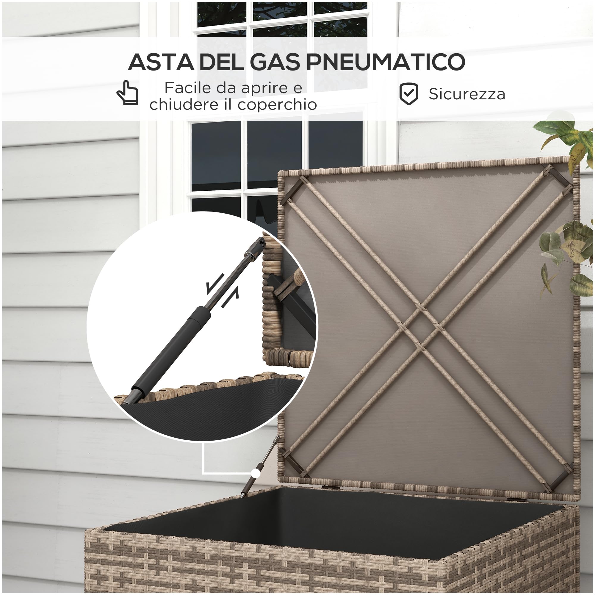 Outsunny Baule da Esterno in Rattan PE, Acciaio e tessuto Oxford, Panca Contenitore con Fodera Interna e Barra Pneumatica, 75x75x70 cm, Nero e color Sabbia
