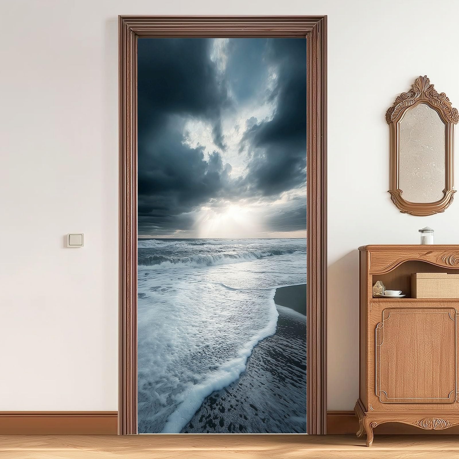 Naklejka na drzwi, samoprzylepna, 80 x 210 cm, naturalny krajobraz, plakat na drzwi - plaża, fale, ciemne chmury, trwała i wodoszczelna, fototapeta, folia na drzwi, szara 3D "zrób to sam", naklejka na