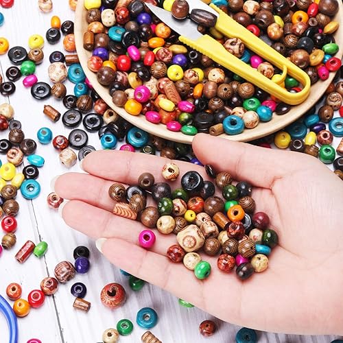 Miniatura 7 de Juego de perlas de madera de 1300 piezas incluye cuentas de madera estampadas sueltas, cuentas de madera natural, color arcoíris, cuentas de madera