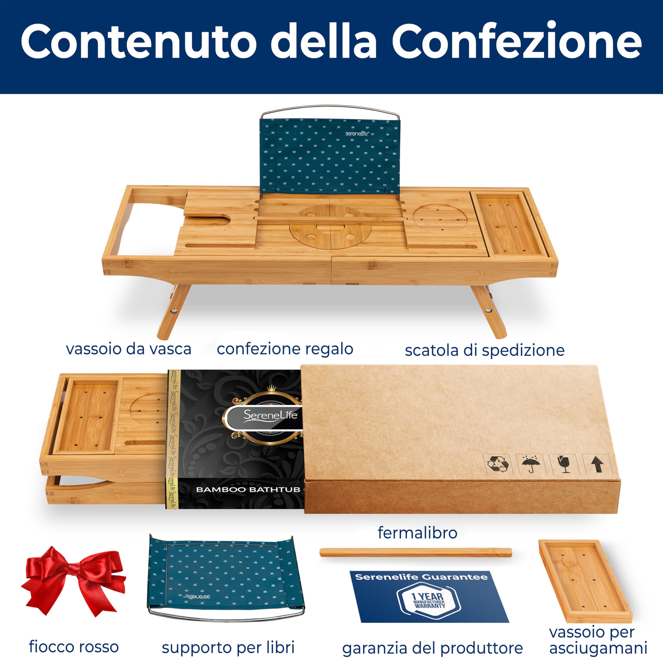 SereneLife Vassoio Vasca da Bagno Pieghevole in Bambù 2 in 1, Porta Oggetti Bagno Regolabile Antiscivolo con Supporto Dispositivi, Portabicchiere Vino, Espandibile e Set Regalo Donna per Relax
