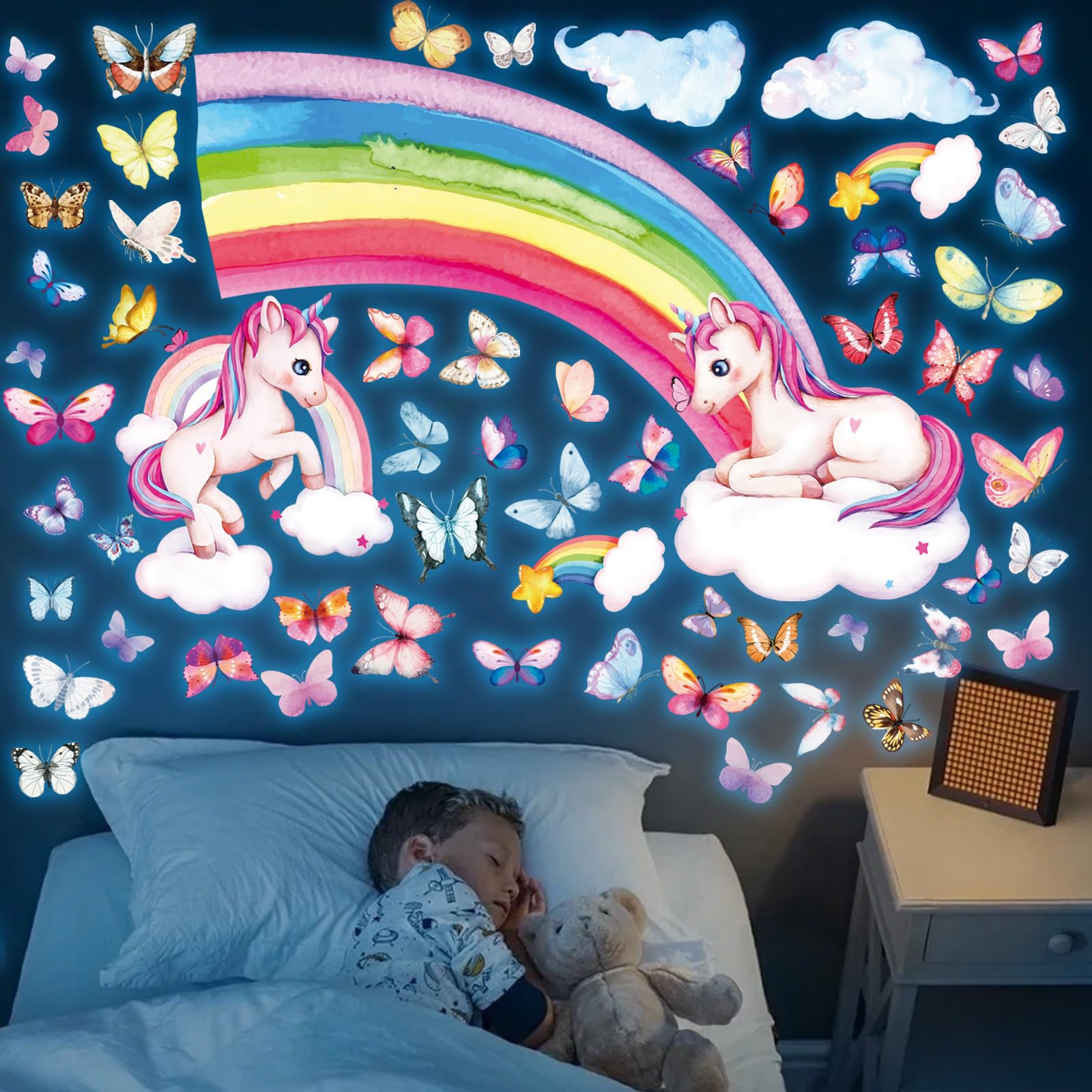 Adesivi Luminosi Unicorno E Stelle - Fluorescenti Per Camera Bambini - 30x60 Cm - PVC Sicuro