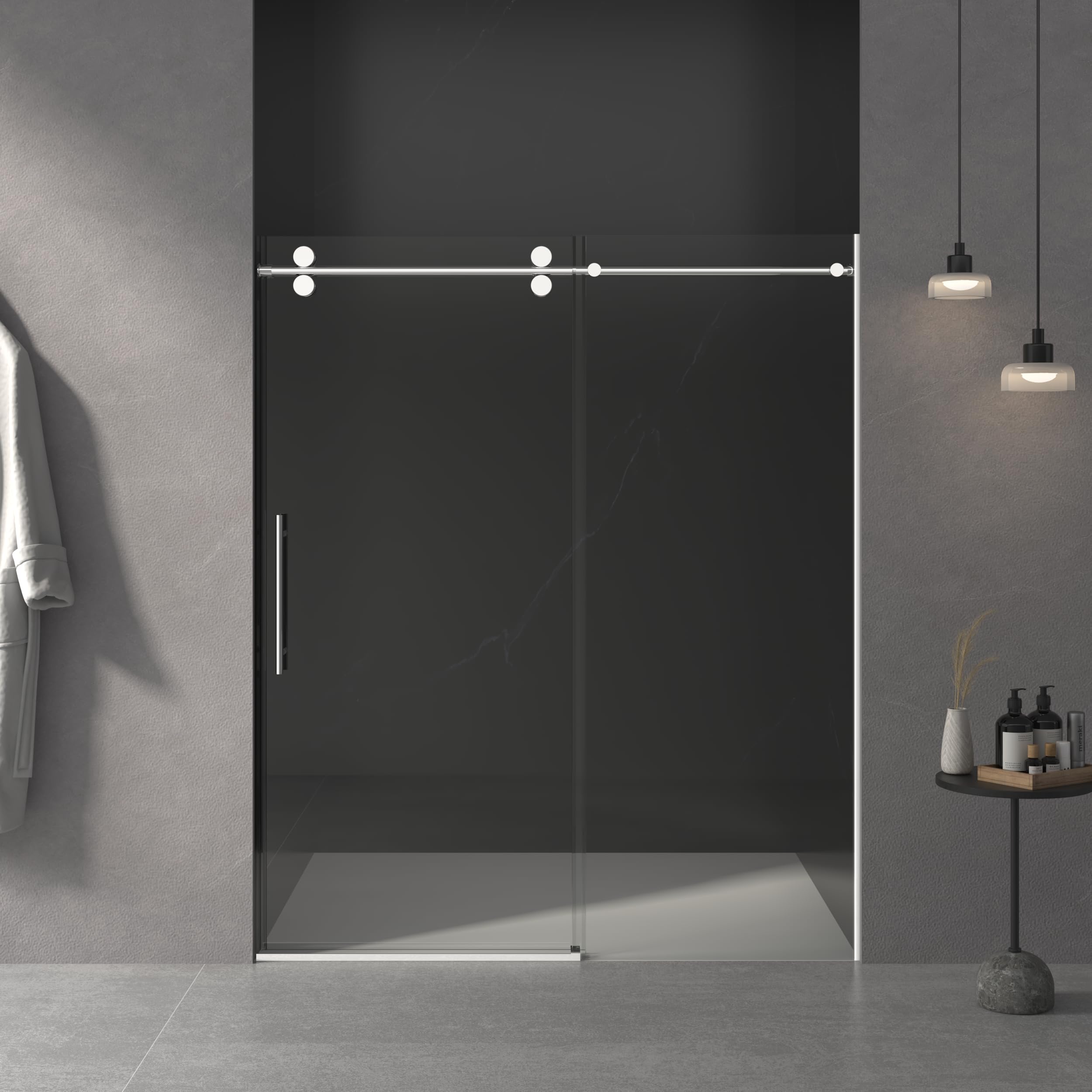 frameless sliding shower door, glass, chrome, 56-60" w x 72" h, modern, 8mm tempered glass, stainless steel hardware, easy clean coating, professional installation recommended, 135.23 pounds