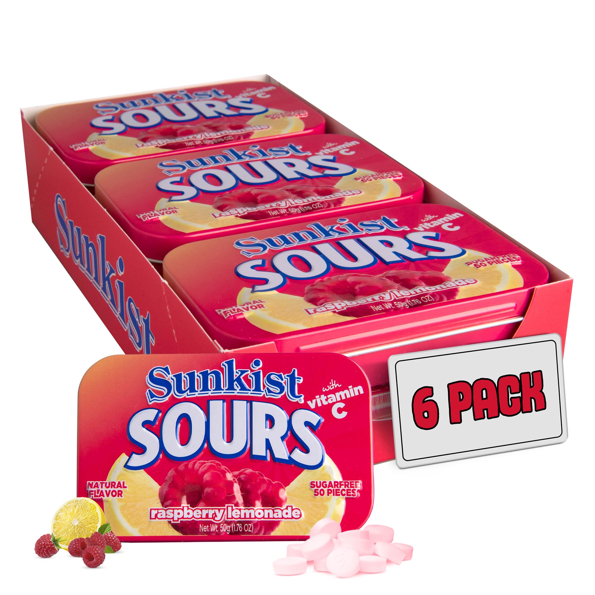 Sunkist Sours Raspberry Lemonade Candy | Sugar Free, Natural Fruit Flavor, 100% of Daily Vitamin C | Kosher Certified, Vegan, Gluten Free | Aspartame & Xylitol Free | 50 Count Tin (Pack of 6)