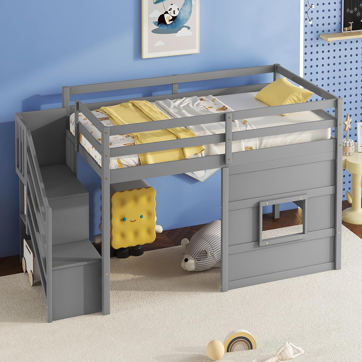 box 1 only Twin Size Low Loft Bed with Stairs, Kids Loft Bed with Storage and LED Lights, Solid Wood Twin Loft Bed Frame for Kids, Space Saving Low Loft Bed for Boys, Girls, Gray Gray Stairs Twin