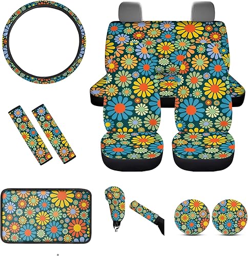 BIGCARJOB Art Hippie Flower - Juego completo de 12 fundas de asiento de automóvil, elegante juego de accesorios de automóvil con margaritas con