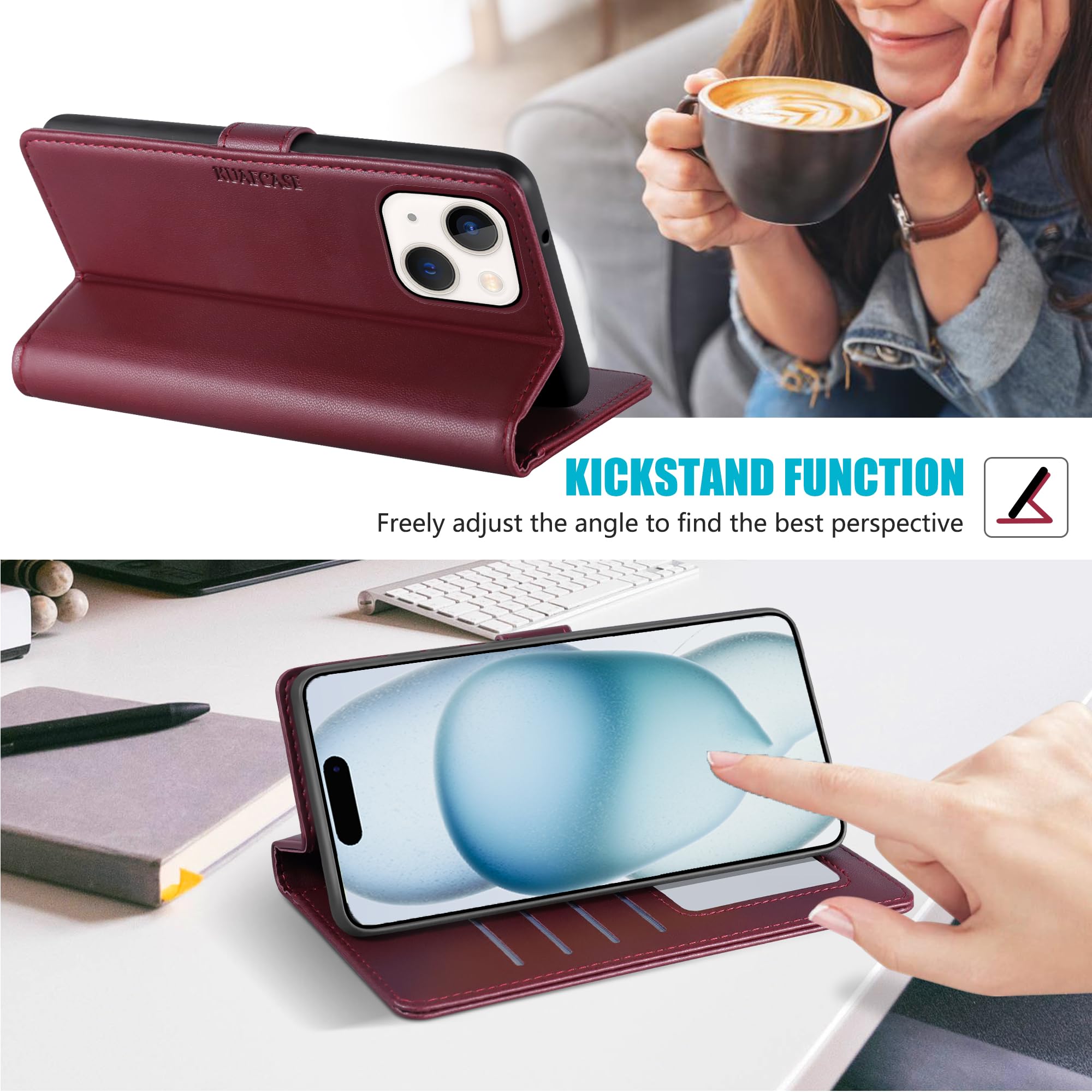 Kuafcase Compatible for Case with 4 Card Slots Magnetic Closure Kickstand Shockproof Protective Phone Case Compatible for - Wine Red - Image 4