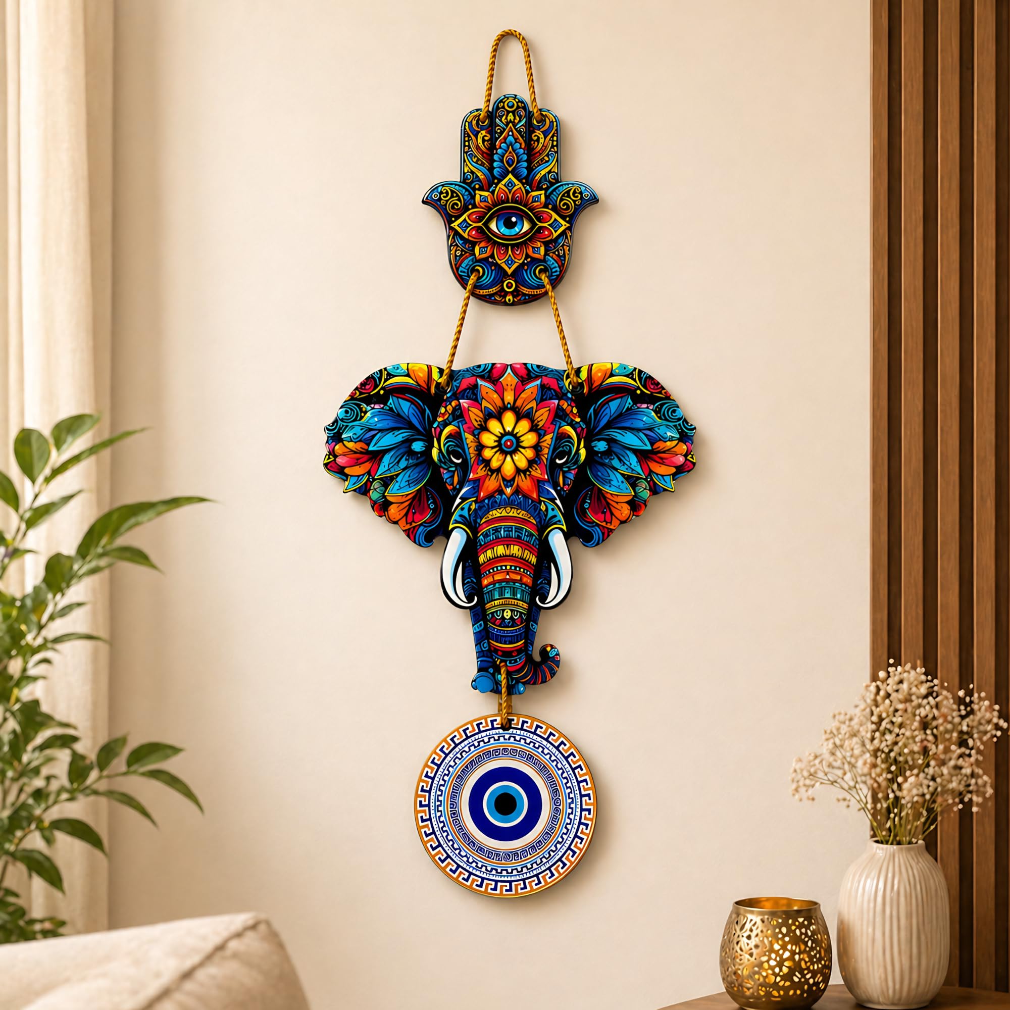 Evil Eye Wall Hanging for Home Entrance Door | Nazar Battu Vastu Decor | Hamsa Hand Elephant Wall Decor | MDF Mandala Art Hanging | Good Luck Gift for Diwali Housewarming Bedroom Office-image-47