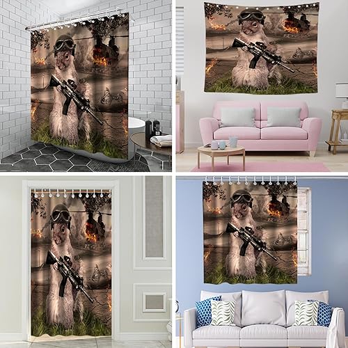 Miniatura 9 de Juego de cortinas de ducha con diseño de gato y gatito soldado con pistola, fondo moderno de ciudad, juego de cortinas de baño con ojales y ganchos,