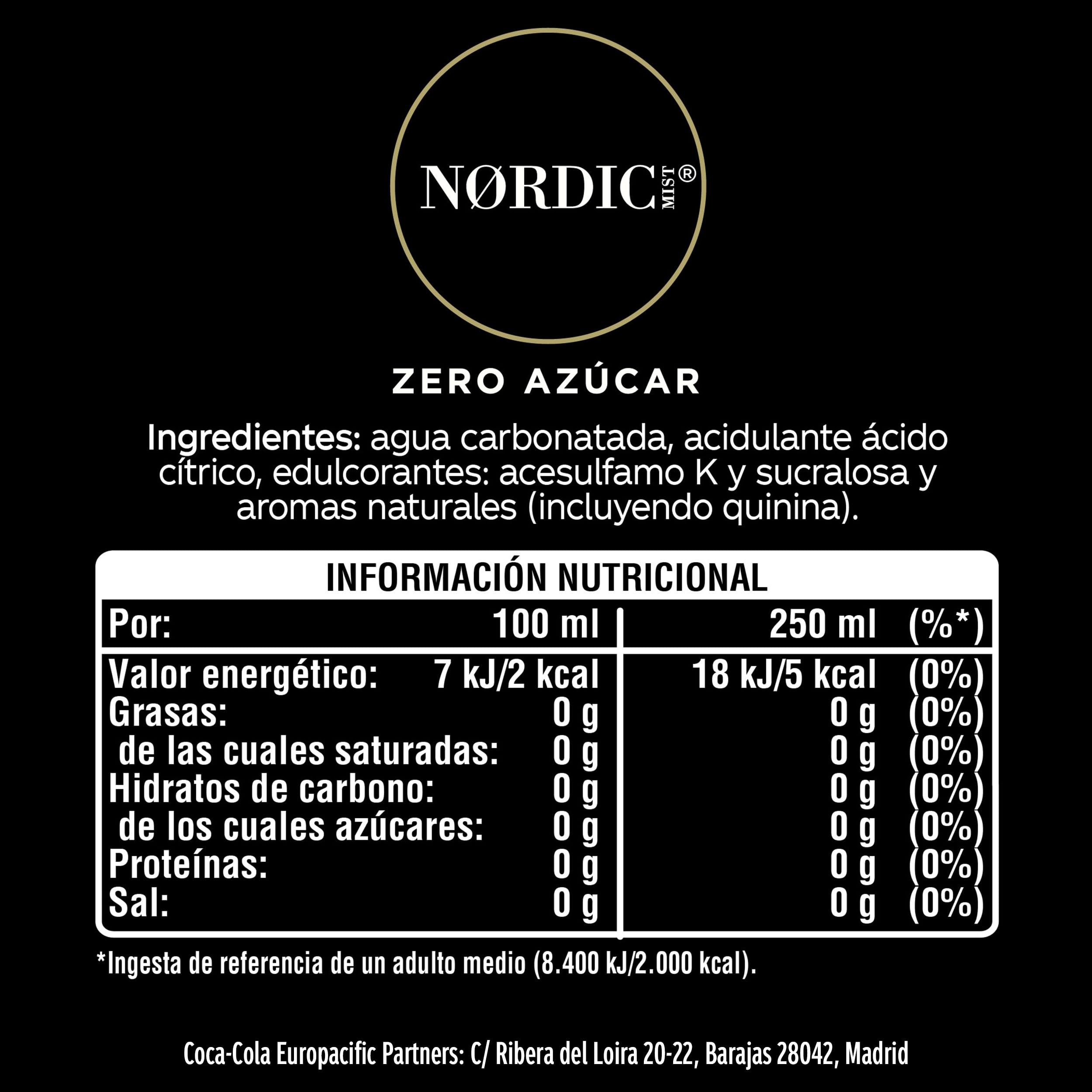 Nordic Mist Zero Azúcar, Refrescante Tónica sin Azúcar - Pack de 24 Latas de 250 ml