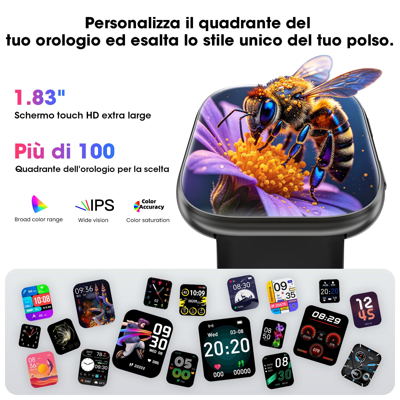 Hwagol Smartwatch Uomo Donna, 7 Cinturini—Regalo Perfetto, 1,83'' Orologio Smartwatch con Chiamate Bluetooth, Notifiche, Contapassi, Sonno, Cardiofrequenzimetro, SpO2, Smart Watch per Android iOS