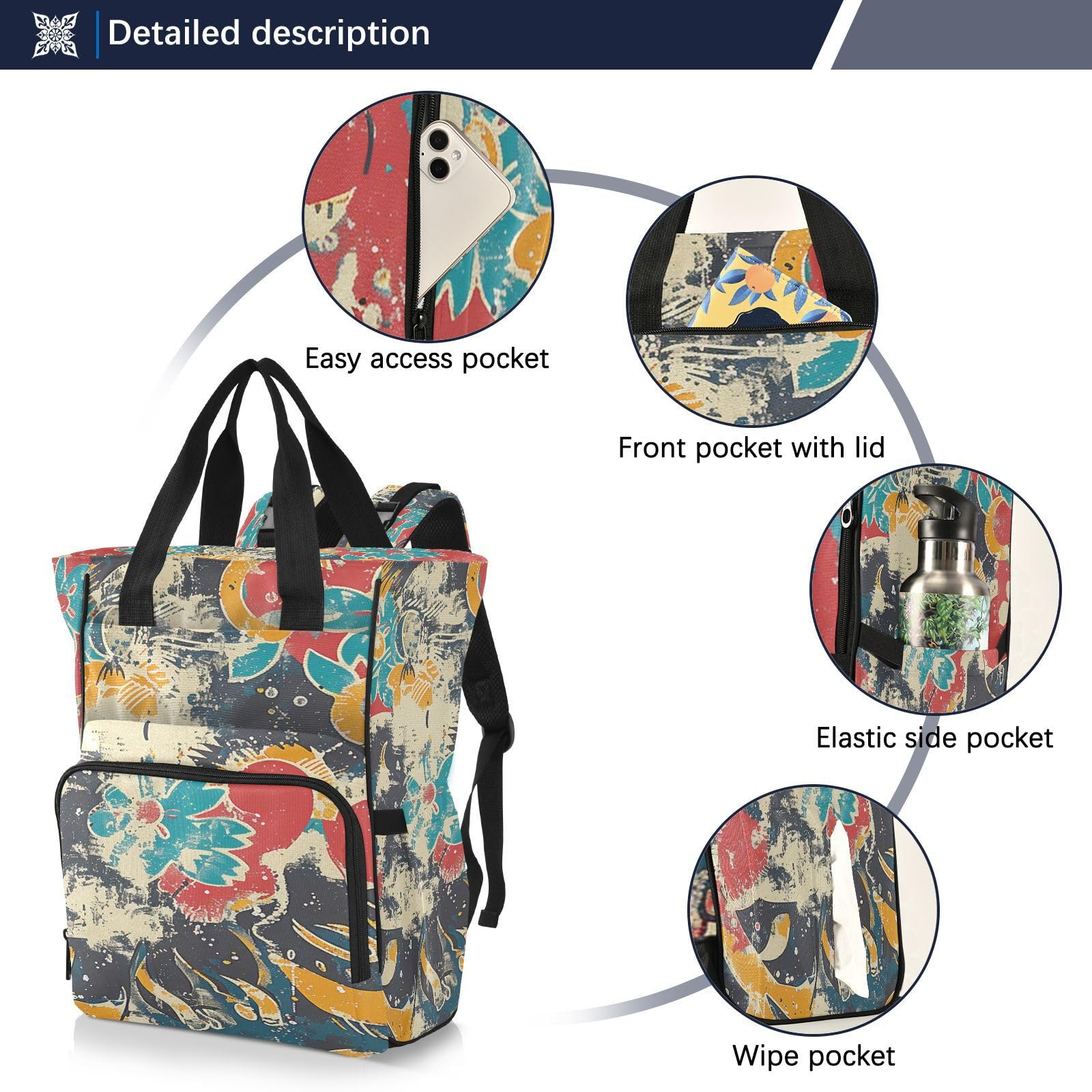 Abstracto Amarillo Azul Rojo Flor Bolsa de Pañales Mochila de Viaje Gran Capacidad Bolsas para Mamá Papá Mujeres Niñas