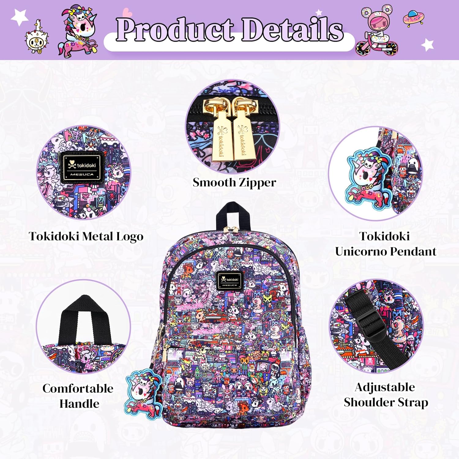 Tokidoki Backpack with Unicorno Keychain Cute Travel Laptop Backpack for Women Casual Bag Lightweight Backpack Daypack Handbag (Backpack-Midnight) - Image 4