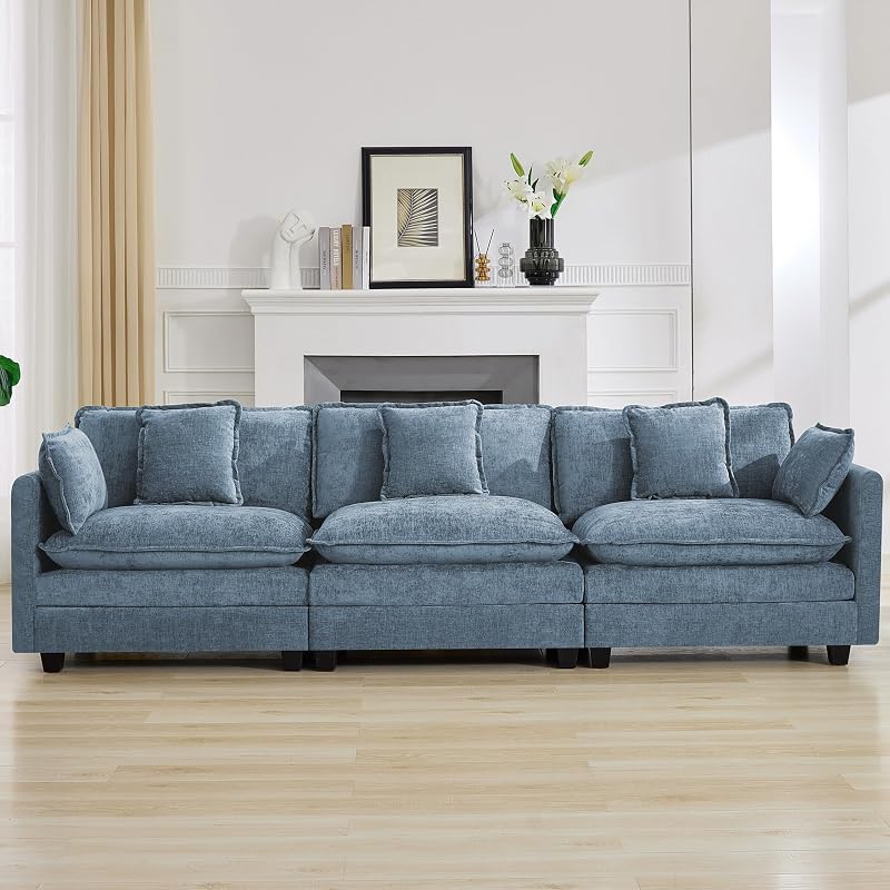 111'' Sectional Cloud Deep Seat Couch, Modern Comfy Chenille Modular Sectional Sofa for Living Room Set, Upholstered Modular 3-Seats Sofa Couch, Blue