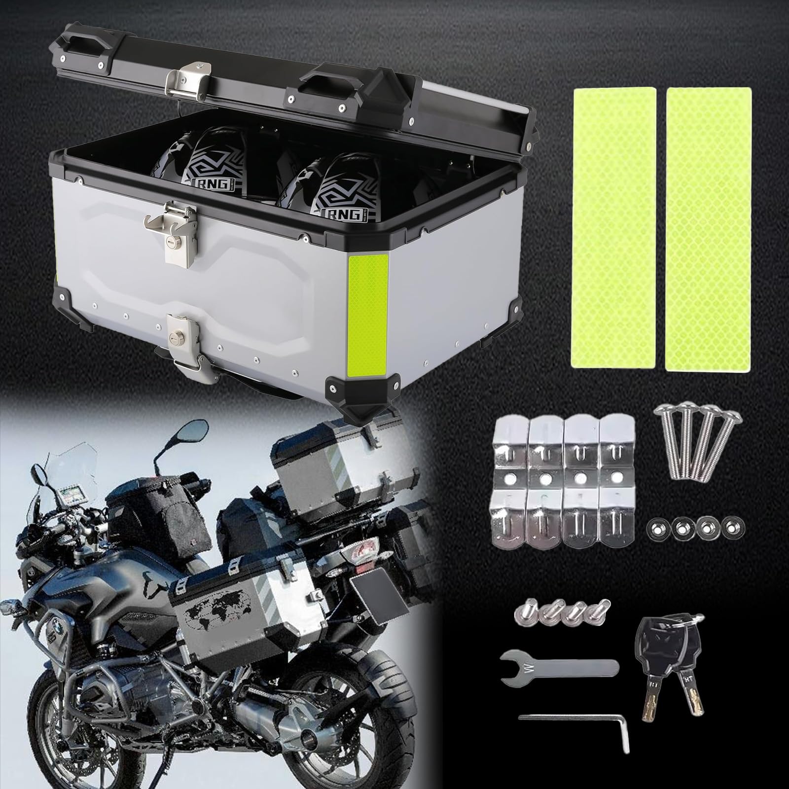 Baúl trasero para motocicleta, impermeable, aluminio, 65 L, con cerradura de seguridad, para guardar equipaje de casco, color plateado
