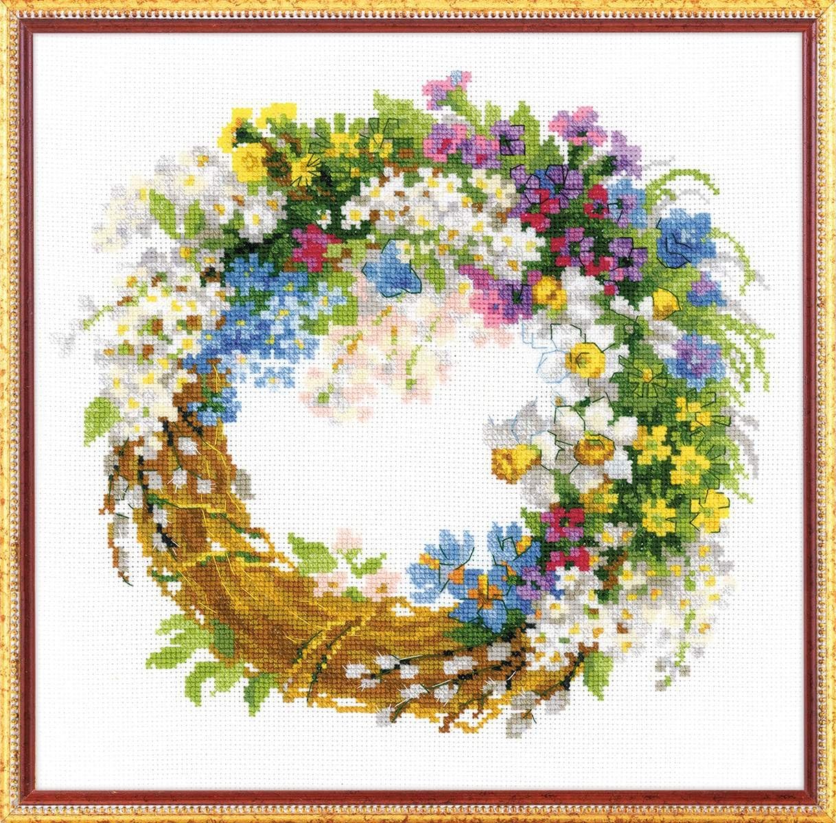 RIOLIS - Wreath with Bird Cherry 1536, Floral Cross Stitch Kits 11.75"x11.75", Cross Stitch Kits for Beginners & Advanced, Crossstitching Kit Adult, Embroidery Counted Stitching Kit