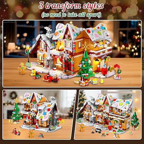 Miniatura 2 de HOGOKIDS Juego de construcción de casa de jengibre de 3 estilos de Navidad 2025 con luz, 1477 piezas de juguete de bloque de construcción de aldea