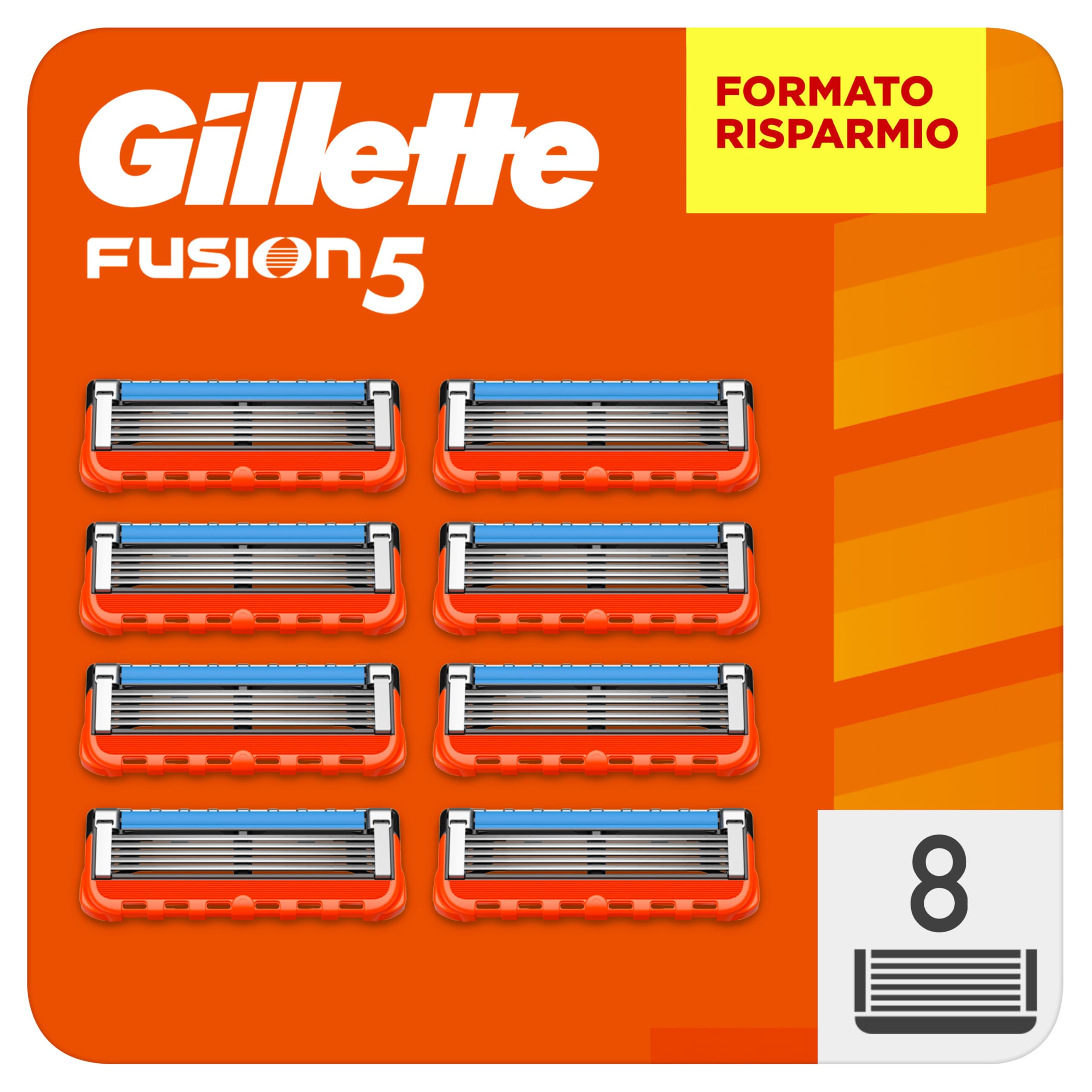 Gillette Fusion 5 LAMETTE DA BARBA, 8 RICAMBI da 5 Lame, Rasatura Scorrevole con Striscia Lubrificante, Fino a 1 MESE DI RASATURA con 1 Lametta