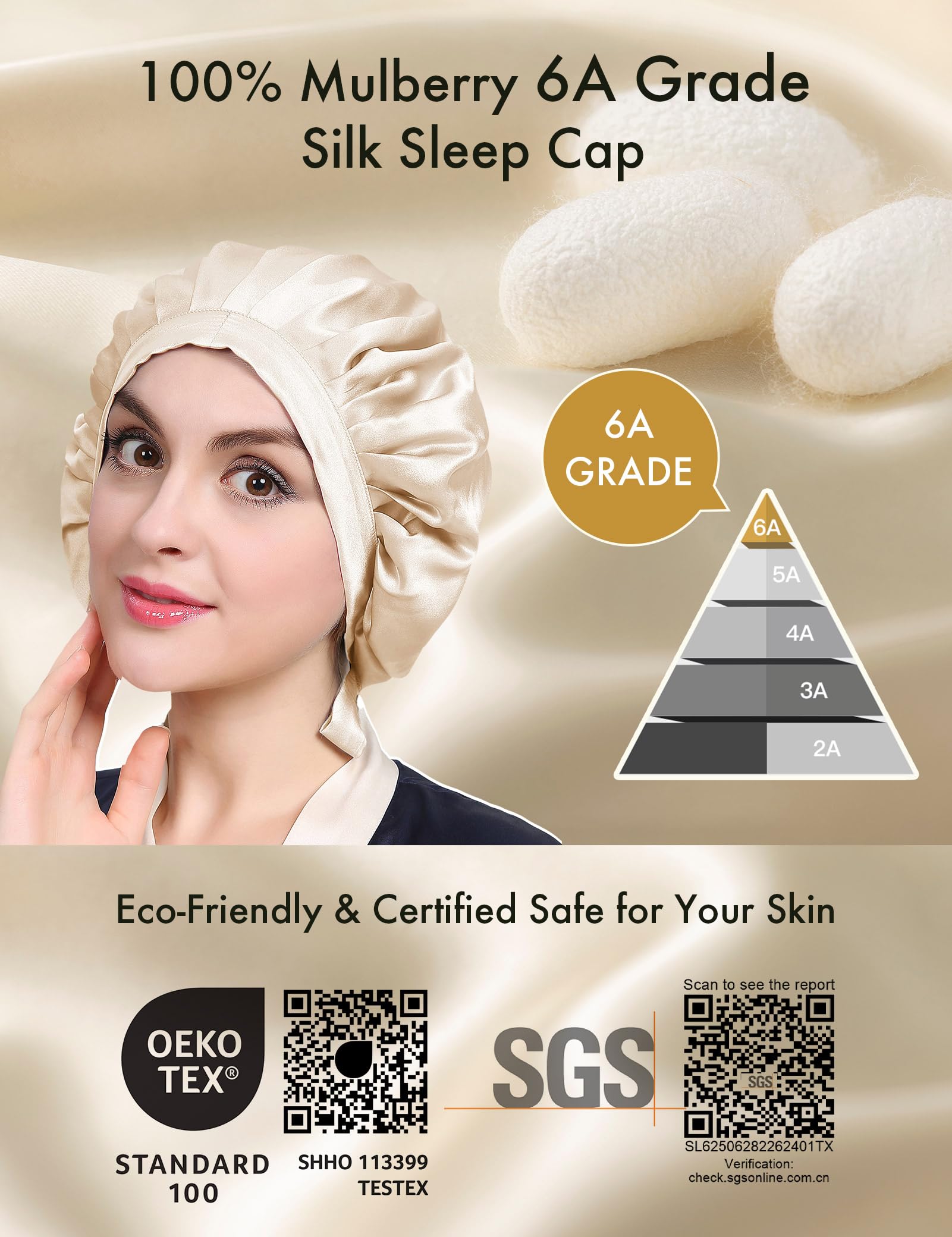 LilySilk 100% Maulbeerseide Schlafmütze rutschfest verstellbar und atmungsaktiver Kopfbedeckung Seidenhaube zum Schlafen Nachtmütze mit elastischem Band für alle Haartypen