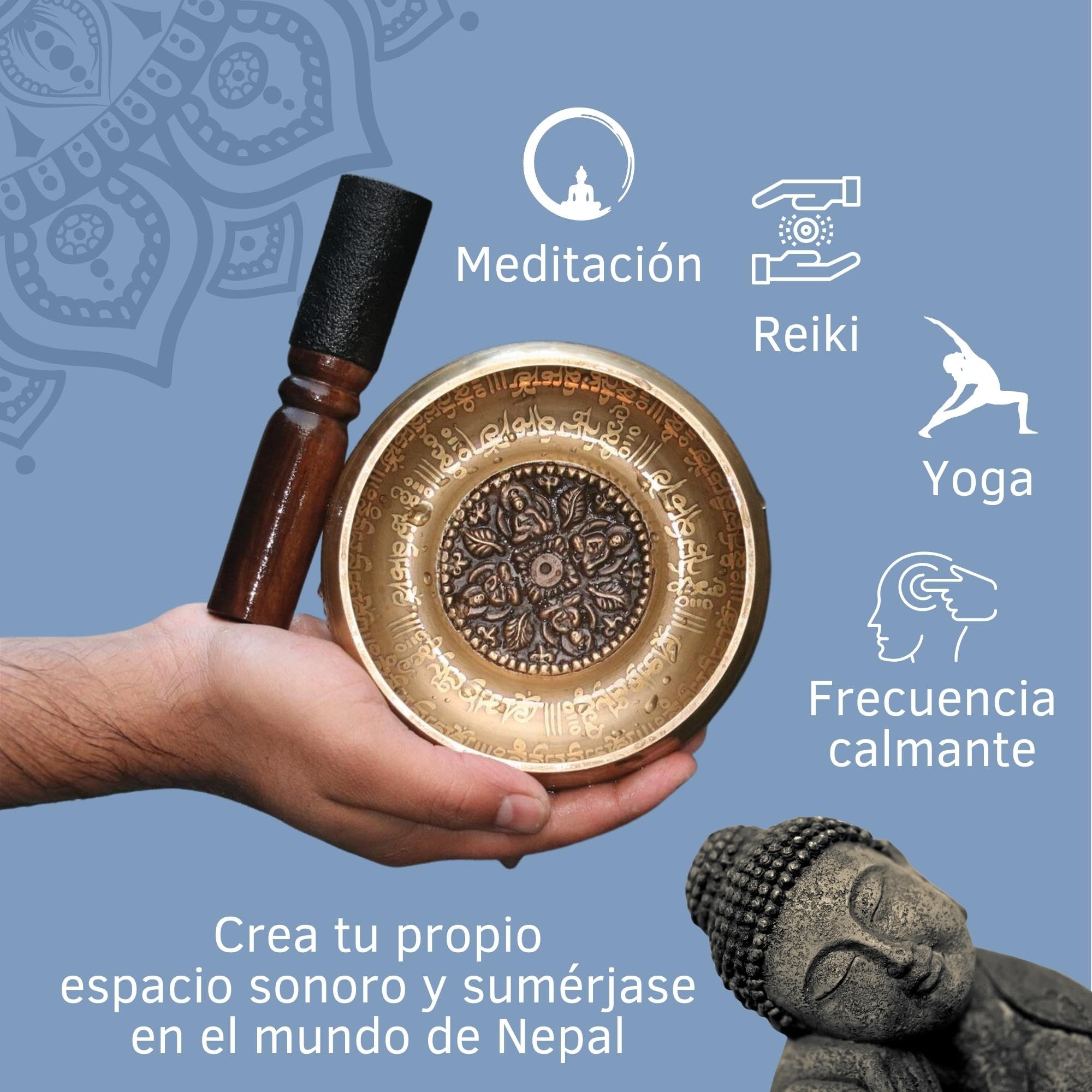 Cuenco tibetano hecho a mano en Nepal – Set tibetano para meditación - Yoga - Atención en la escuela - Caja de papel Lokta - Grabado en Nepālī