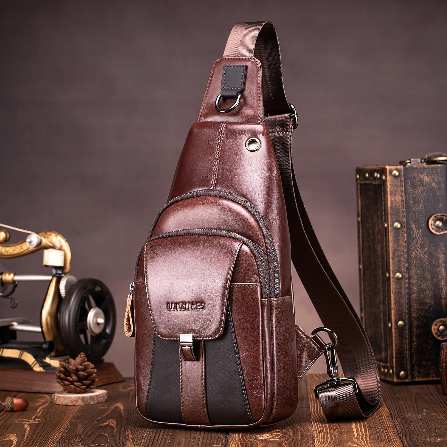 LUKZIJAES Genuine Leather Sling Bag for Men Vintage Crossbody Bag Men Chest Pack Mens Cross Shoulder Bags Hiking Daypacks Travel Backpack (#2-Coffee) - Image 7