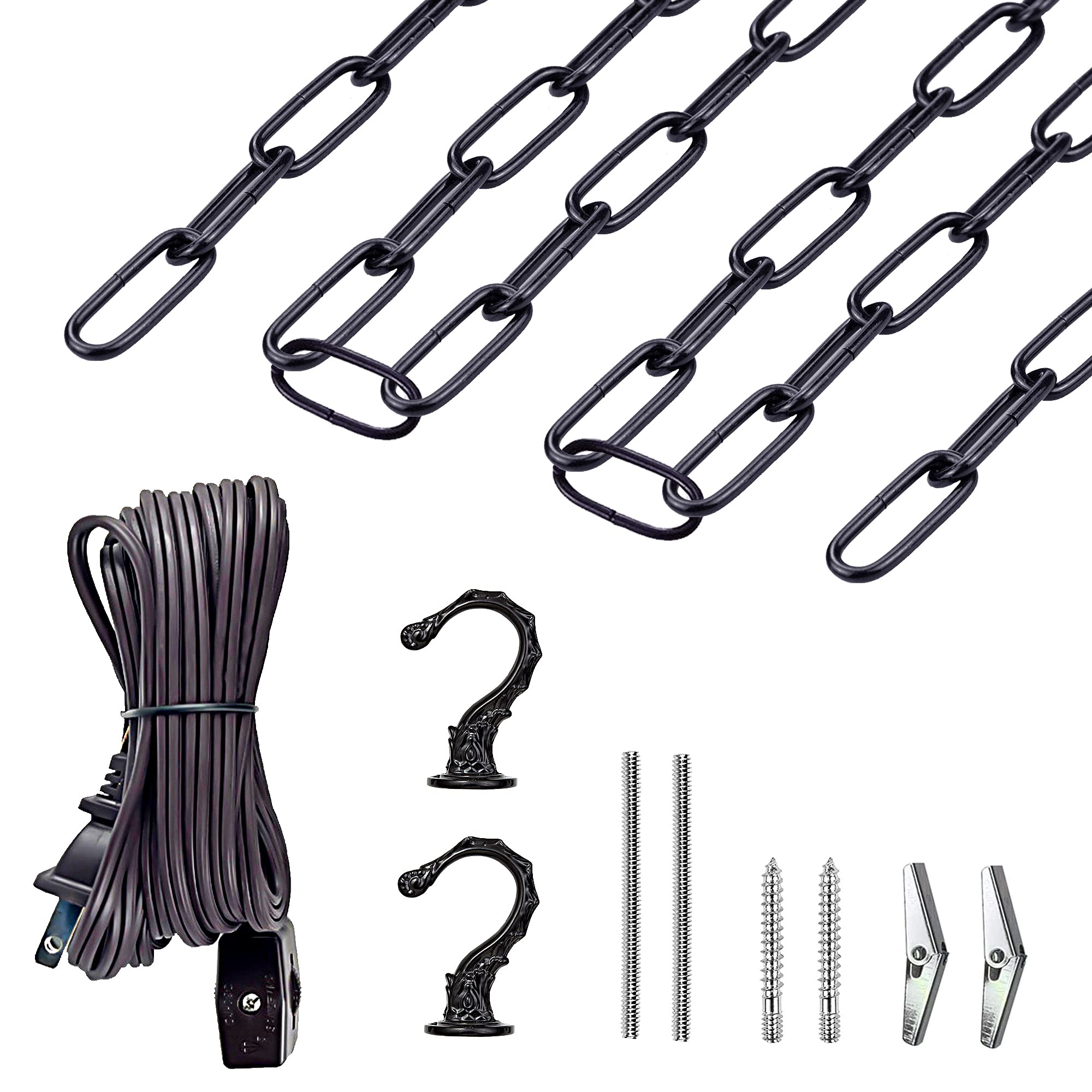 ECUDIS Swag Light Kit, Black Finish Lamp Parts Chandelier Light Fixture Chain Swag Kit Includes 12 Ft Chain, 15 Ft Cord with Switch, 2 Swag Hooks and Mounting Hardware