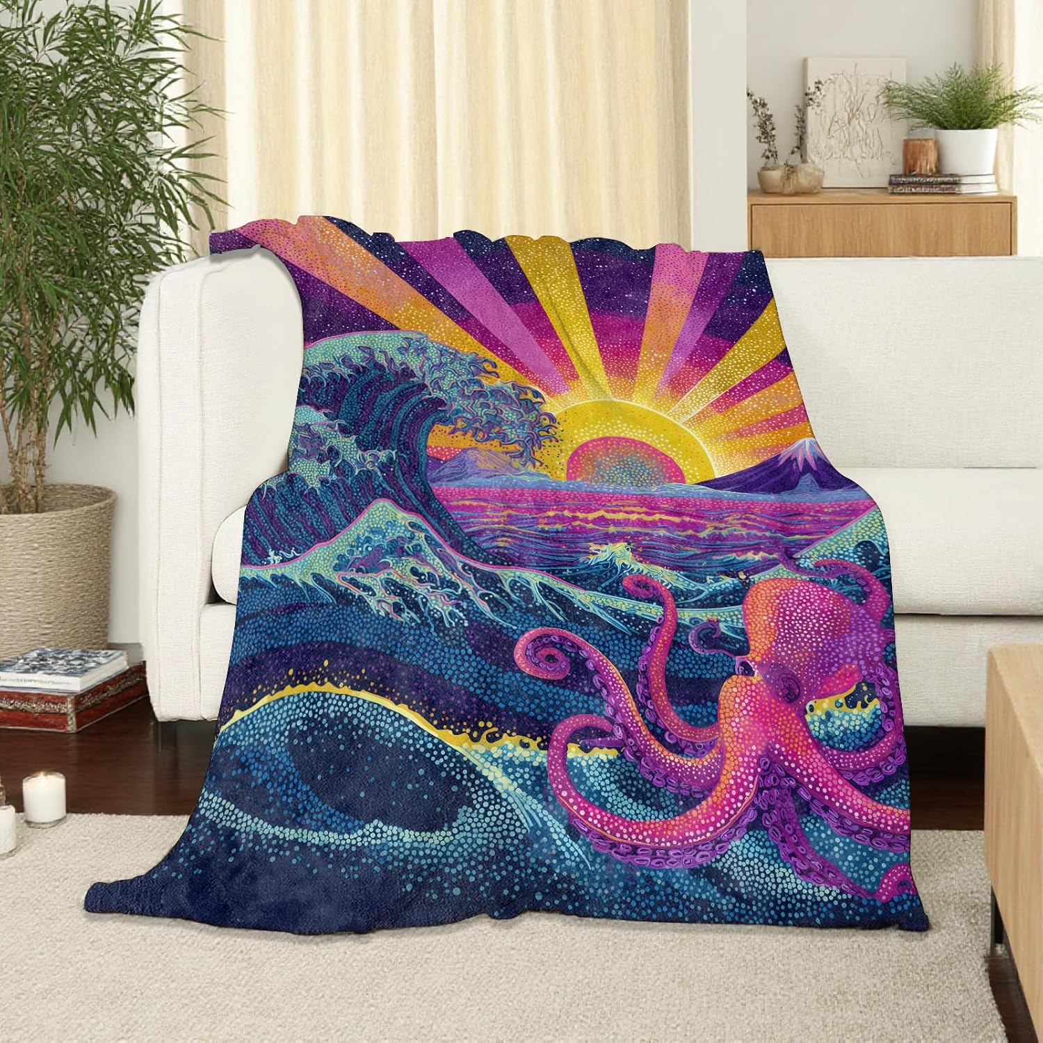 Octopus Throw Blanket Soft Cozy Lightweight Flannel Blankets with Ocean Wave and Sunrise Vibrant Colorful Background Printed for Marine Lovers Bedroom Dorm Office Home Decor Gifts 50x60 Inch image 2