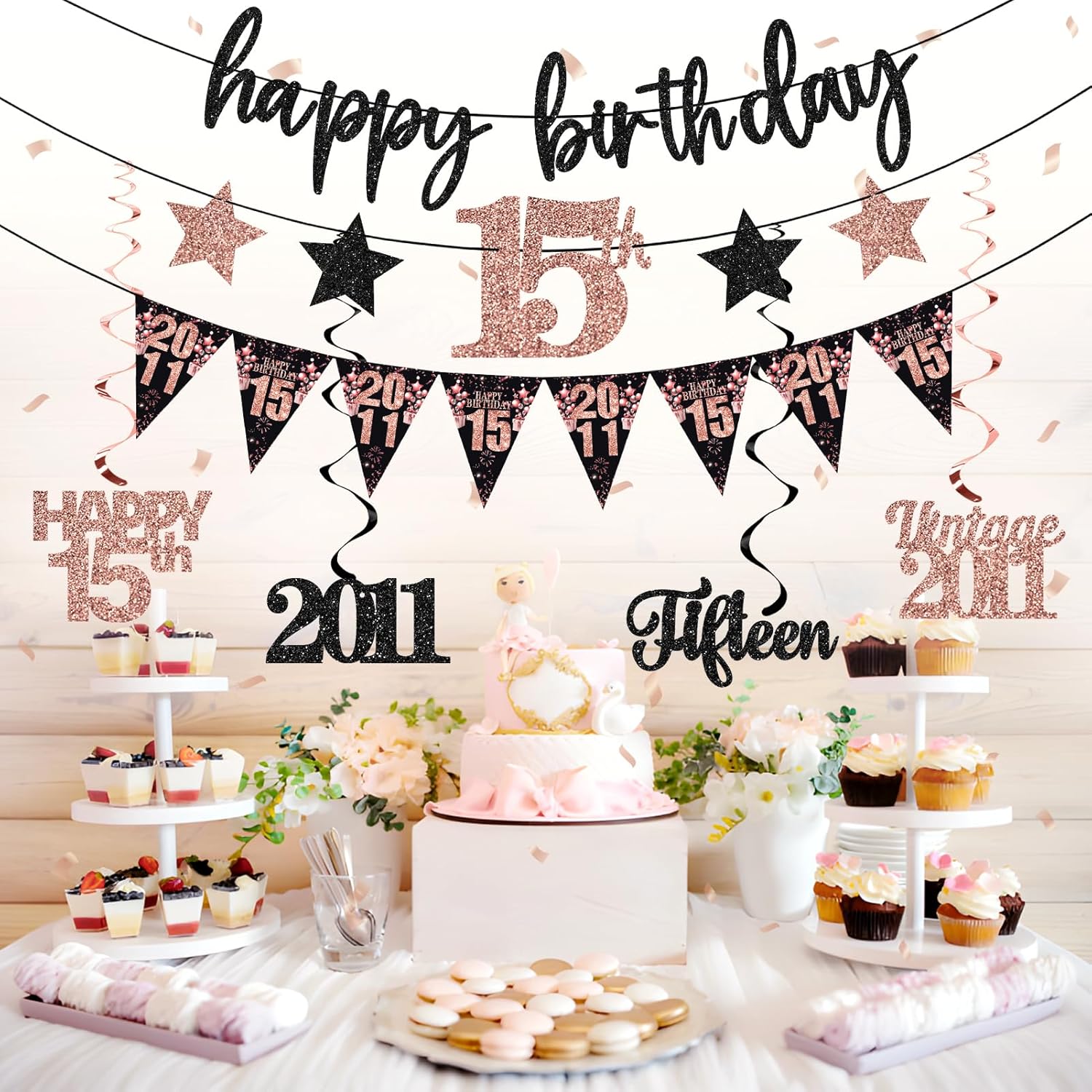 12PCS 15th Birthday Decorations for Girls, Rose Gold Vintage 2011 Happy 15th Birthday Banner Triangle Flag Banner Glitter Hanging Swirls Party Supplies, Sweet Fifteen Years Old Bday Decor - Image 5