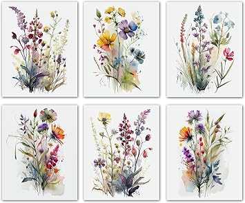 Colorful Wildflower Art,Watercolor Minimalist Wildflowers Art Print,Modern Botanical Plant Leaves Canvas Wall art,Blooming Flower Artwork for Garden Farmhouse Decor Set of 6 - Unframed - 8X10 inch
