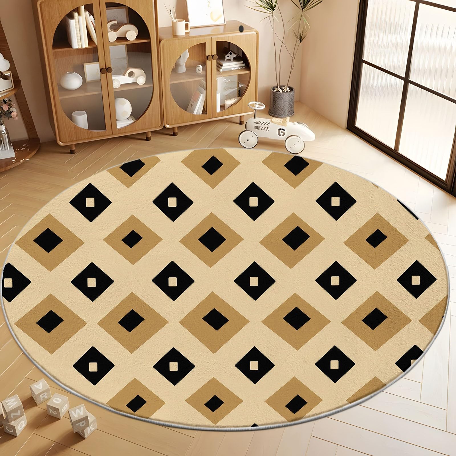 Okrągły dywan do salonu nadający się do prania 180 cm geometryczny neutralny romby klocki, antypoślizgowa mata podłogowa w stylu vintage - do sypialni, kuchni, balkonu, tarasu, jadalni, pokoju zabaw