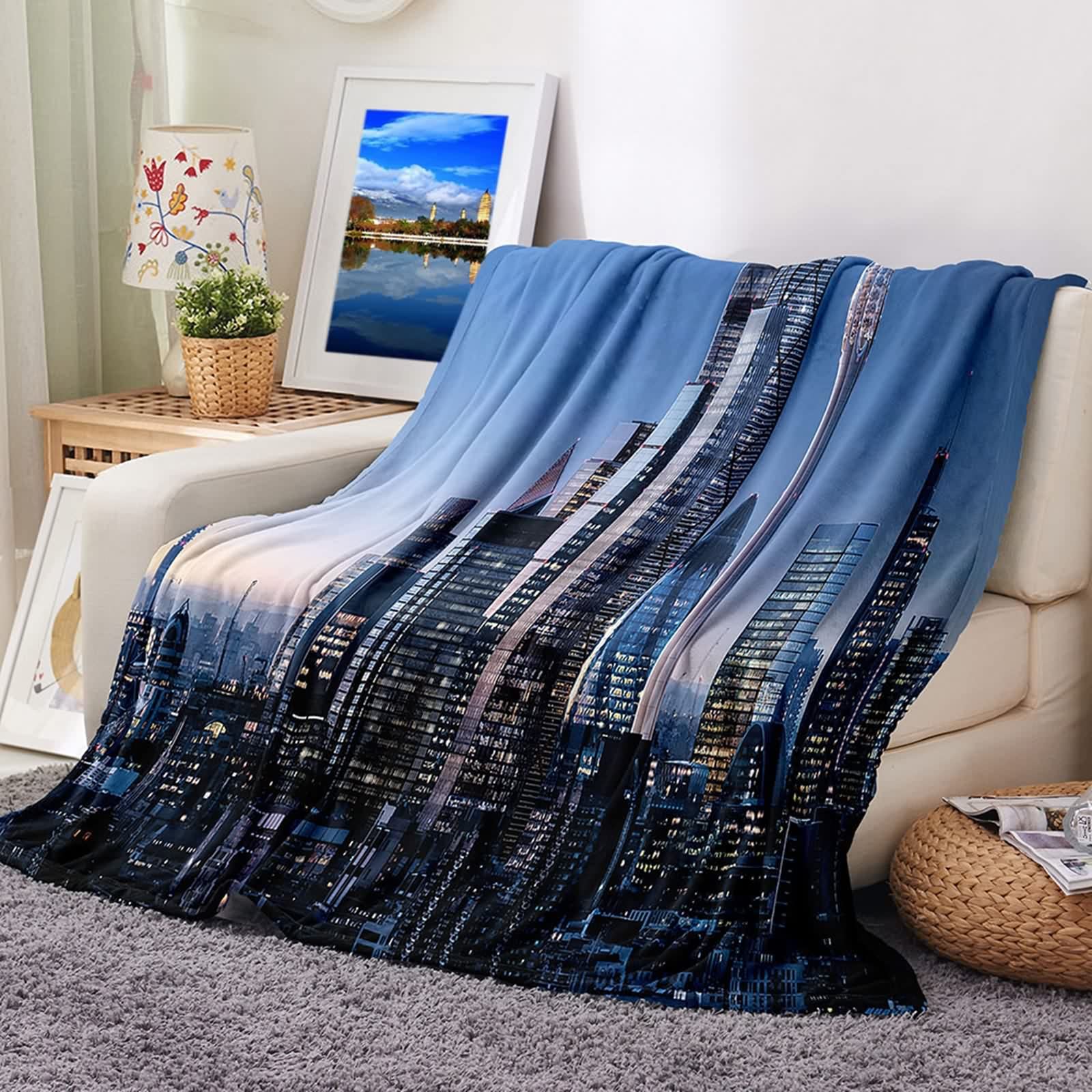 Plaid couverture polaire flannel KnSam bleu motif graphique haut de gamme