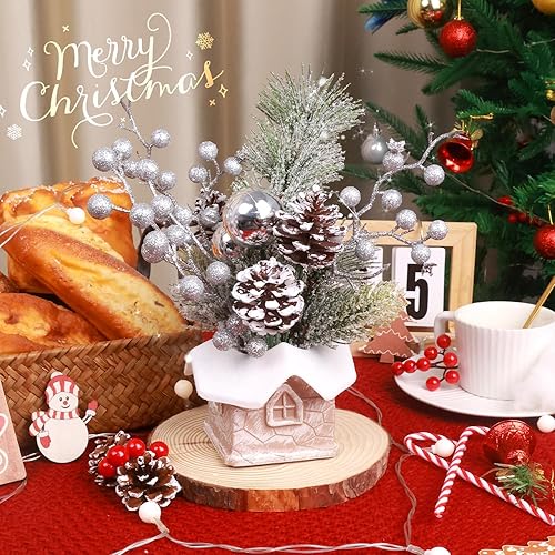 Miniatura 6 de Pequeño árbol de Navidad artificial de mesa, mini decoración de árbol de Navidad con adornos navideños, conos de pino de bayas rojas, vegetación