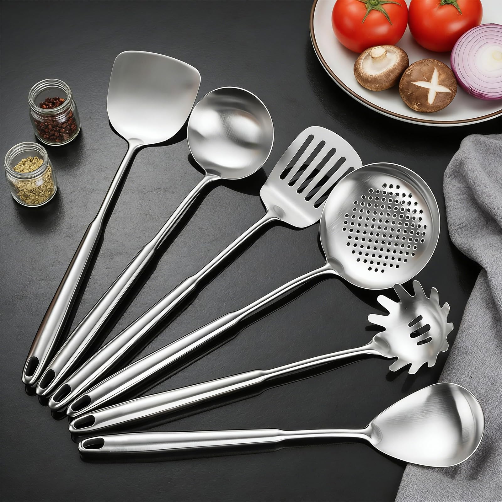 Set da 6 Utensili da Cucina in Acciaio Inossidabile | Resistenti Al Calore, Include Mestolo, Palette, Schiumarola E Cucchiaio Per Pasta, Lavabili In Lavastoviglie