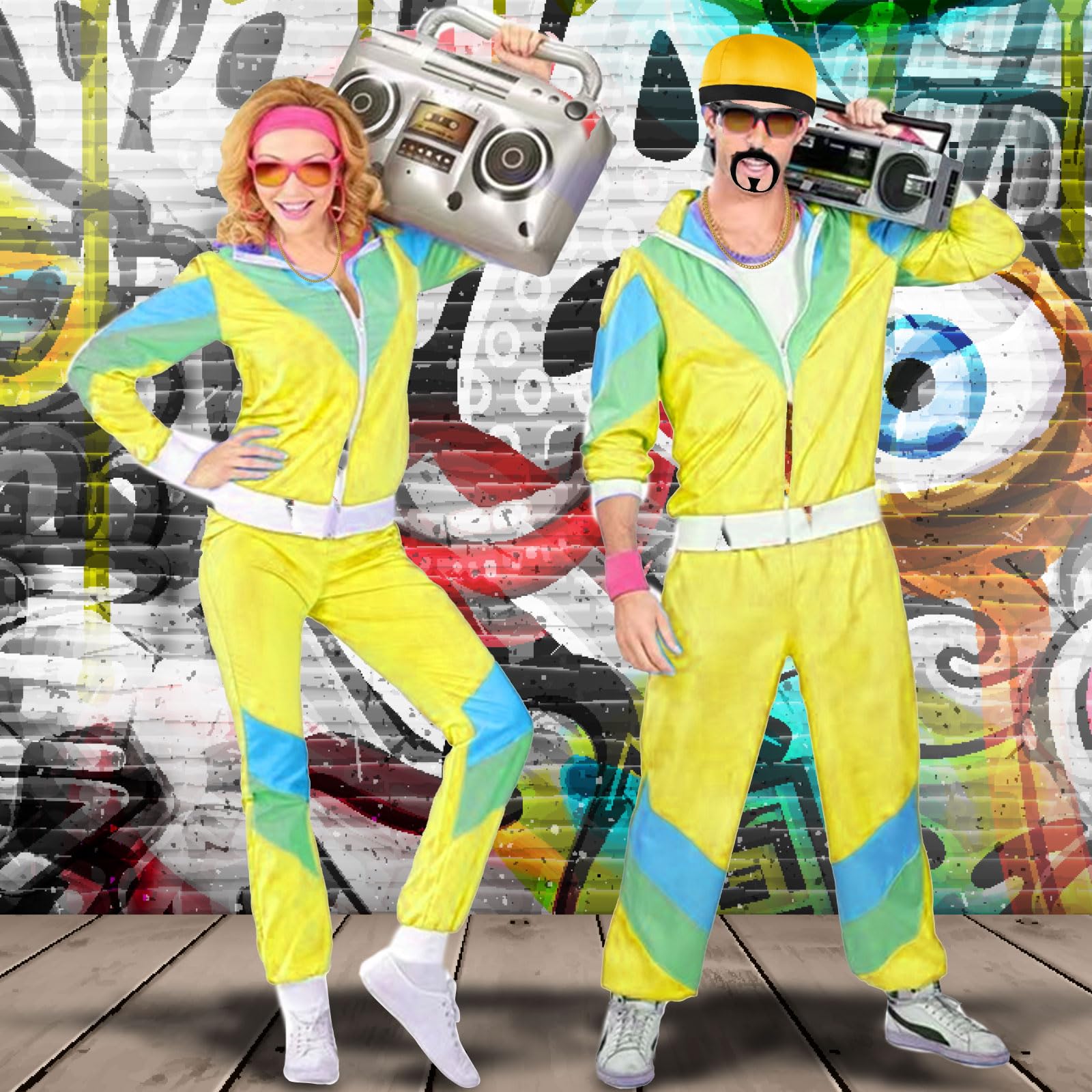 UILYNIU 4 Pieces 90s Celebrity Costume Yellow Shell Suit with Hat Sunglasses Gold Chain and Black Goatee Mens Fancy Dress Costume Men for Funny Rapper Halloween Party Carnival (4 pcs) - Image 4