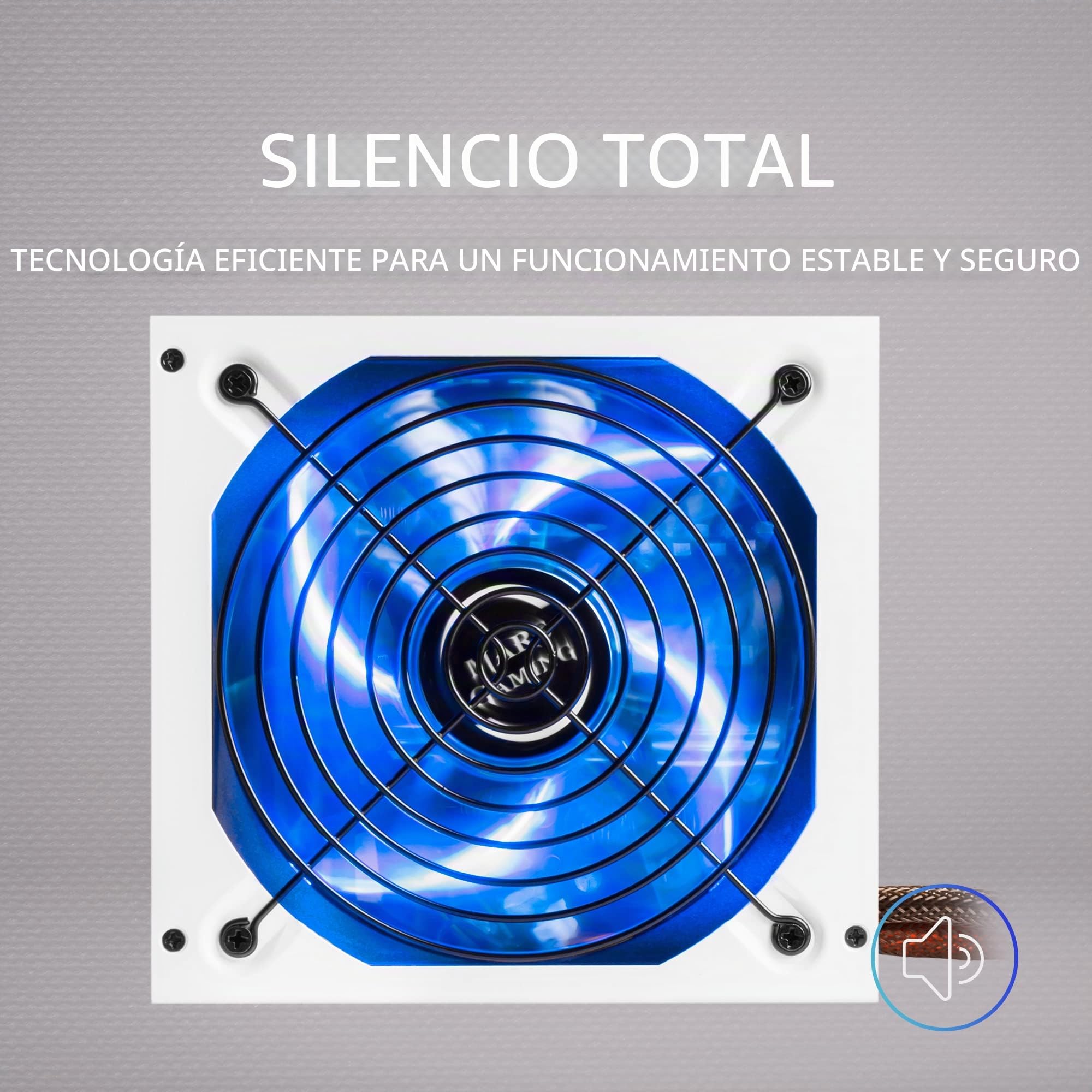 MARSGAMING MPZE750 - Fuente de alimentación gaming para PC (750 W, 80 plus silver, PFC activo, modular, 10 sistemas de protección, iluminación LED, ventilador 14 cm), color blanco