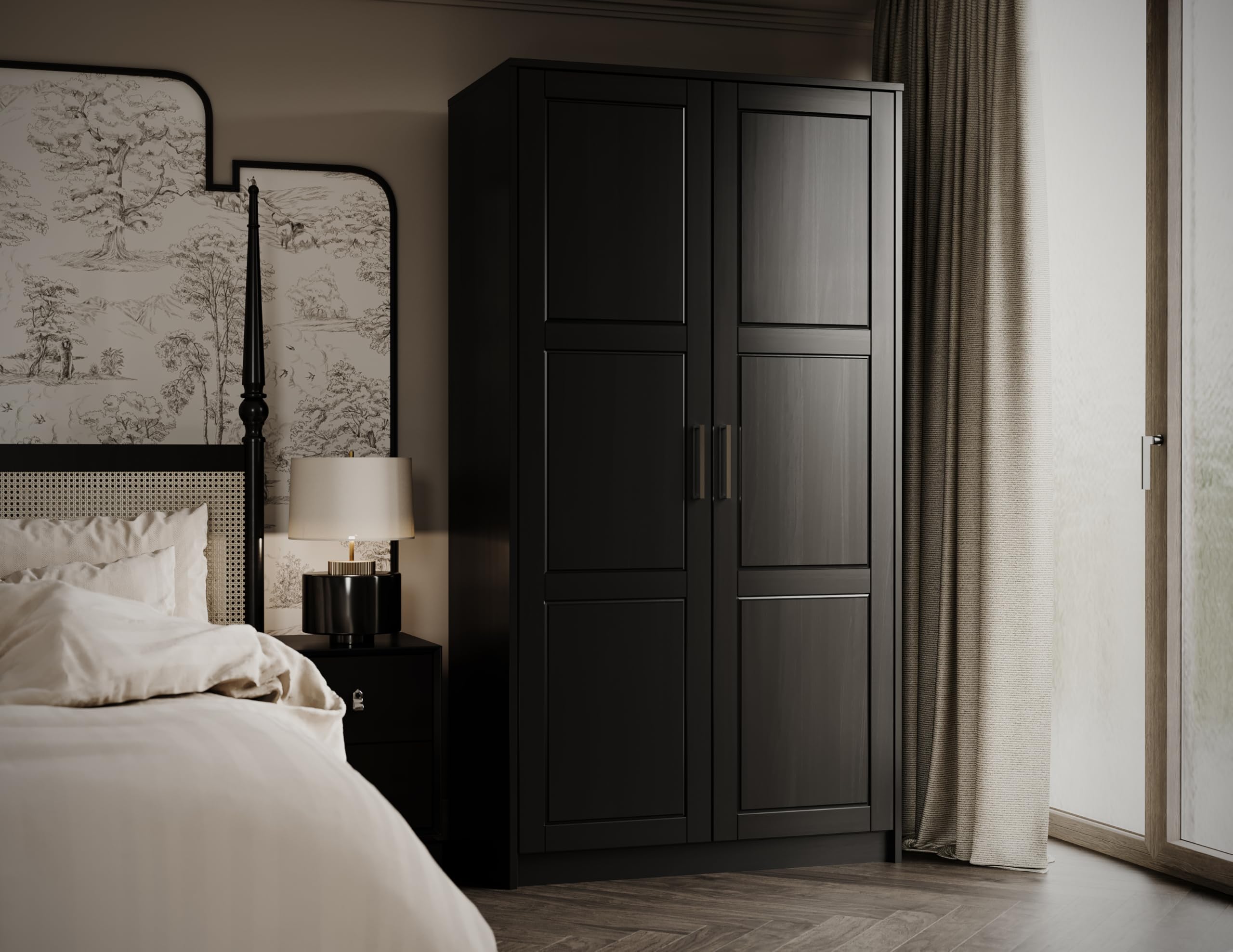 Palace Imports 100% Solid Wood Urban 2-Door Wardrobe Armoire w/Raised Panel Doors, Black, 37.75" w x 72" h x 23.75" d. Renewable Eco-Friendly Wood, Made in Brazil (incomplete)