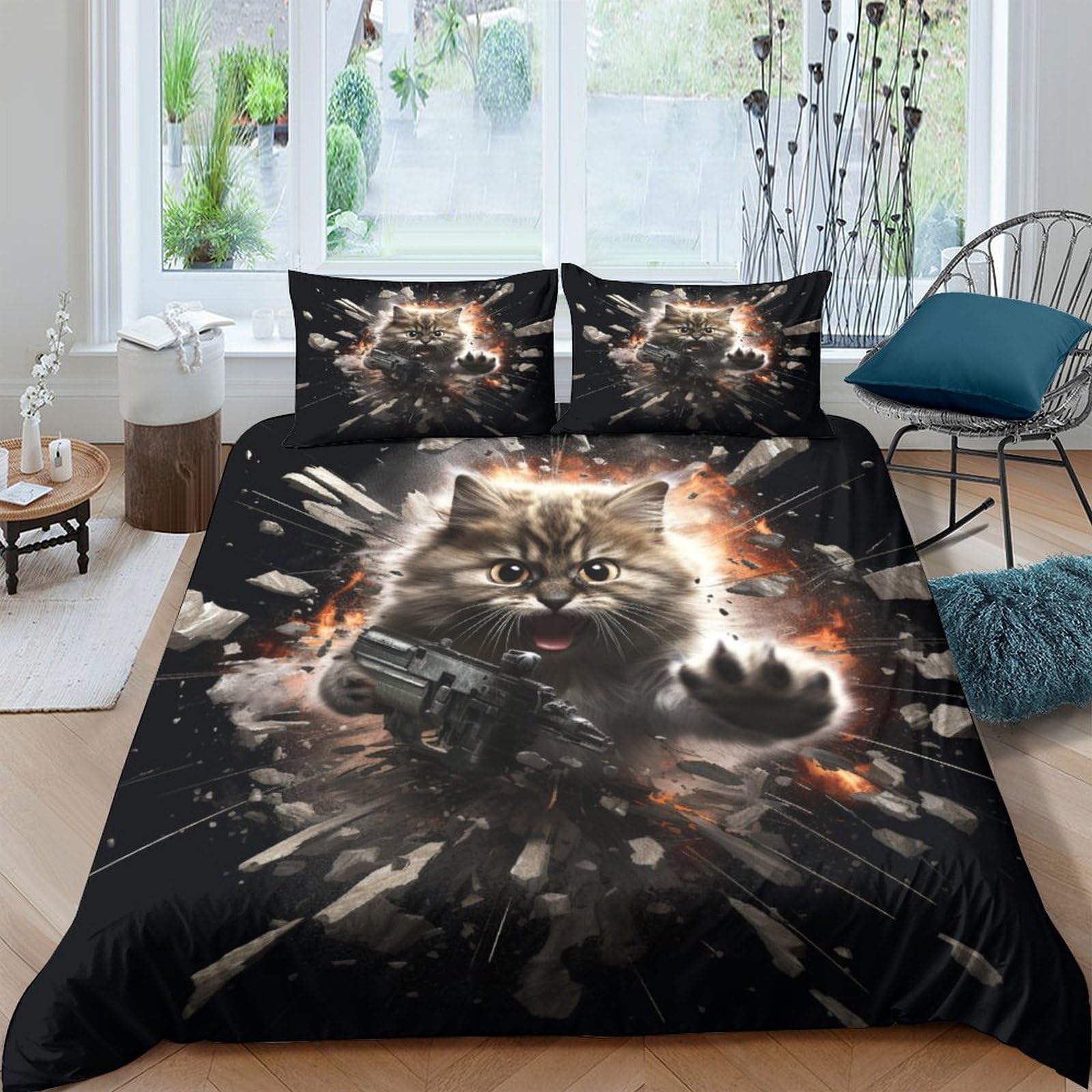 Ensemble de literie chat 3D housse de couette 200x200cm avec 2 taies d'oreiller en microfibre