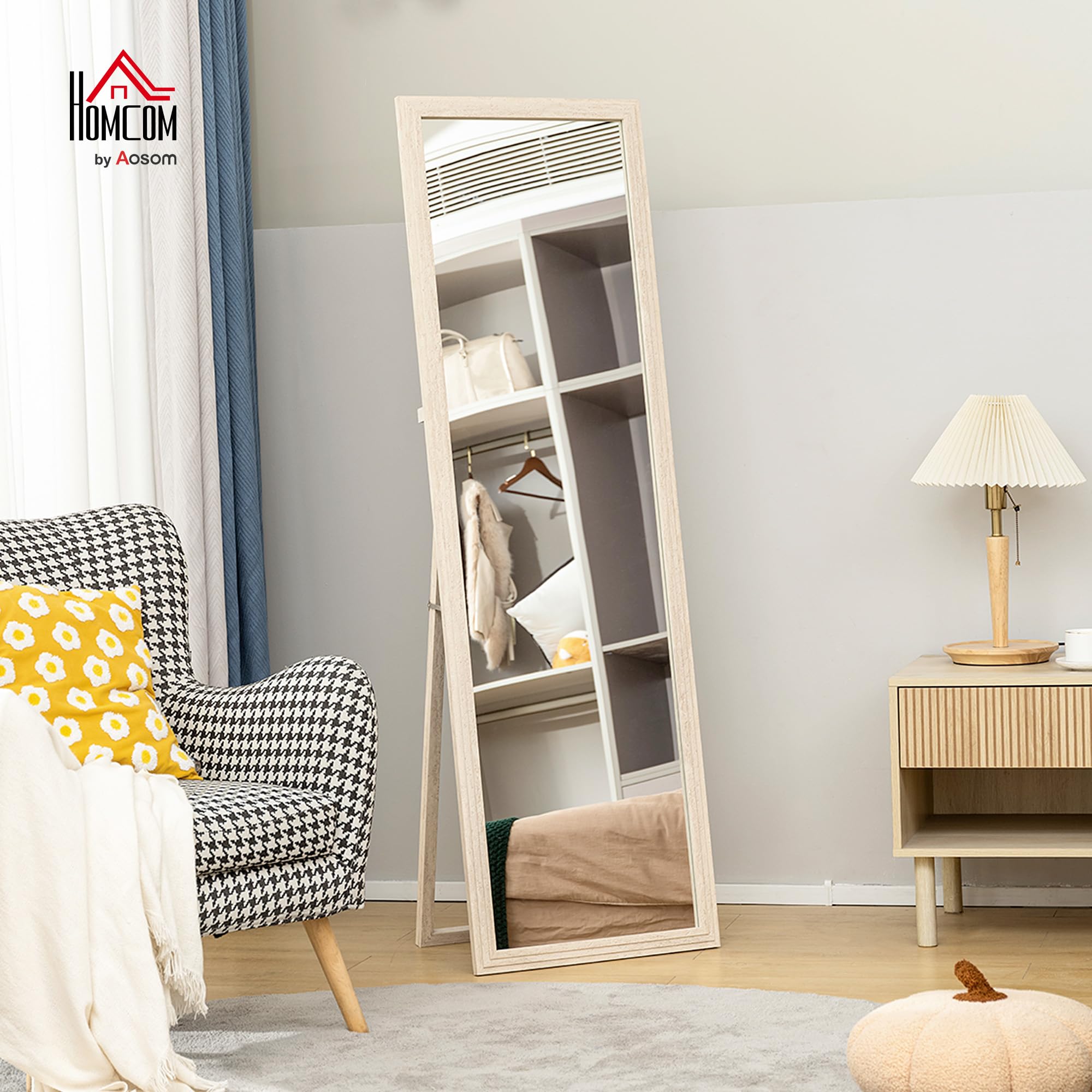 HOMCOM Miroir sur Pied Rectangulaire 160 x 50 cm, Cadre Texturé à Effet Pierre, Angle d'Inclinaison Réglable, Anti-Éclats, Miroir Intégral pour Mur, sur Pied, Appuyé, Blanc