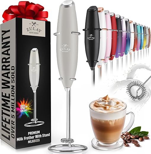 Zulay Original Milk Frother Handheld Foam Maker for Lattes - Whisk Drink Mixer for Coffee, Mini Foamer for Cappuccino, Frappe, Matcha, Hot Chocolate by Milk Boss (Metallic Blue)