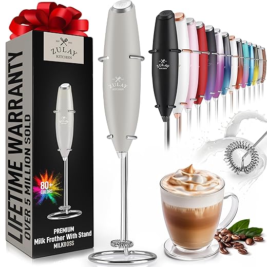 Zulay Original Milk Frother Handheld Foam Maker for Lattes - Whisk Drink Mixer for Coffee, Mini Foamer for Cappuccino, Frappe, Matcha, Hot Chocolate by Milk Boss (Metallic Blue)