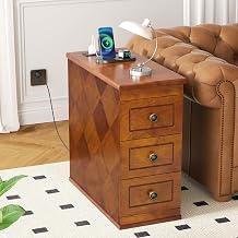 ROOMTEC Solid Wood Narrow End Table with Charging Station for Living Room