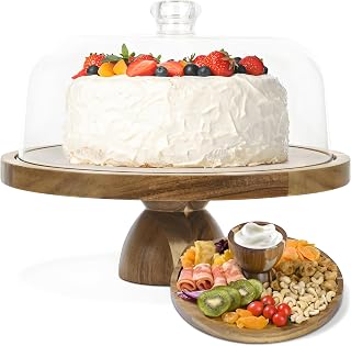 JOCHER Acacia Wood Cake Stand with Lid - 12in 2-in-1 Round Dessert Display for Cakes, Charcuterie, Cheese Boards & Fruit Platters